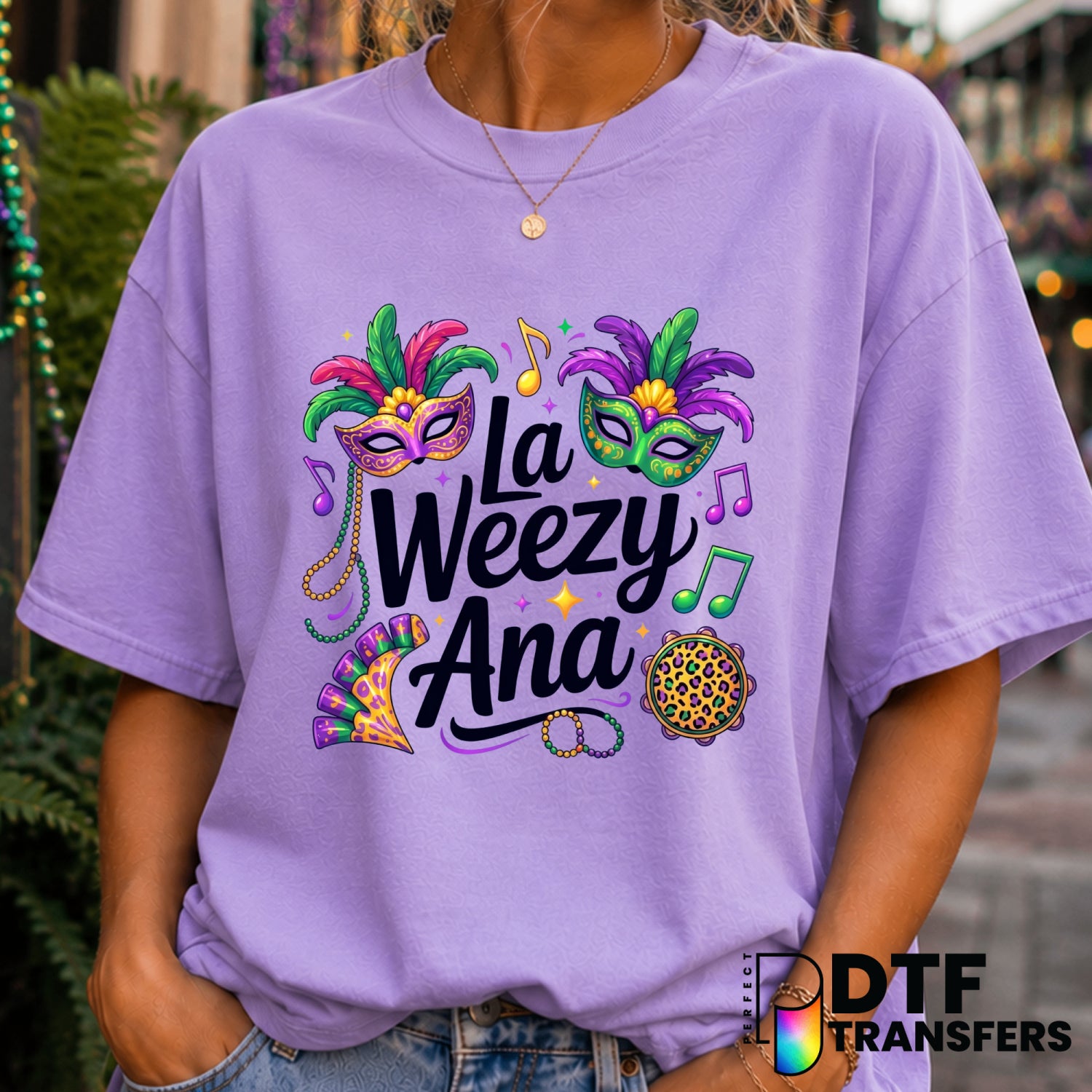 La Weezy Ana Leopard Mardi Gras Beads Sparkles – Mardi Gras DTF Transfer (view 1 of 2) – by Perfect DTF Transfers – Premad...