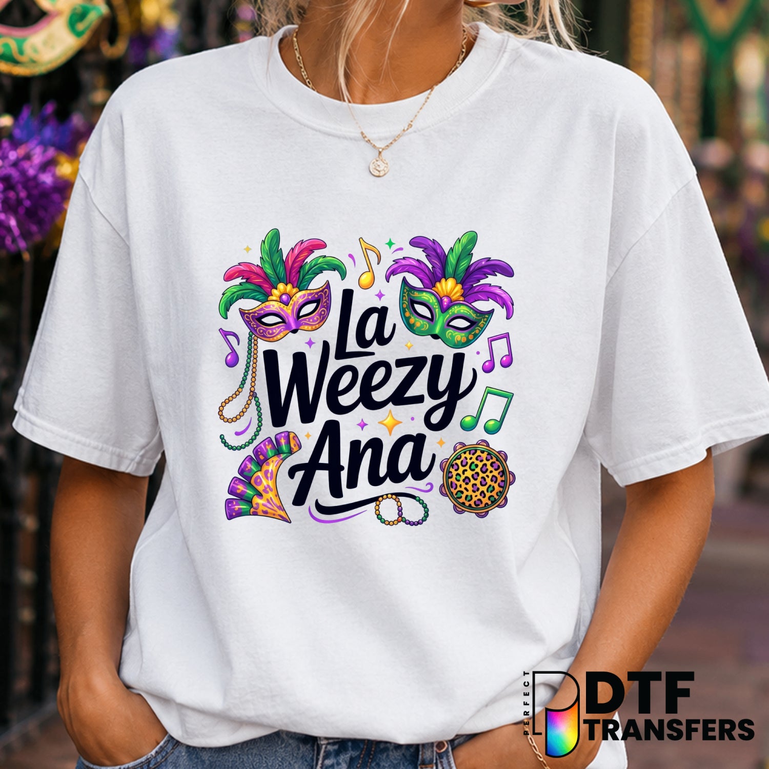 La Weezy Ana Leopard Mardi Gras Beads Sparkles – Mardi Gras DTF Transfer (view 2 of 2) – by Perfect DTF Transfers – Premad...