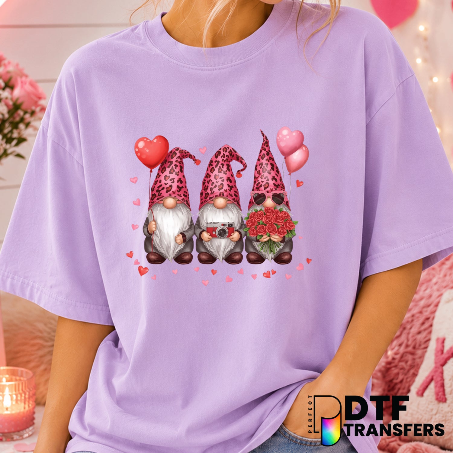 Leopard Gnome Balloons Hearts – Valentine's Day DTF Transfer (view 1 of 2) – by Perfect DTF Transfers – Premade DTF Transf...
