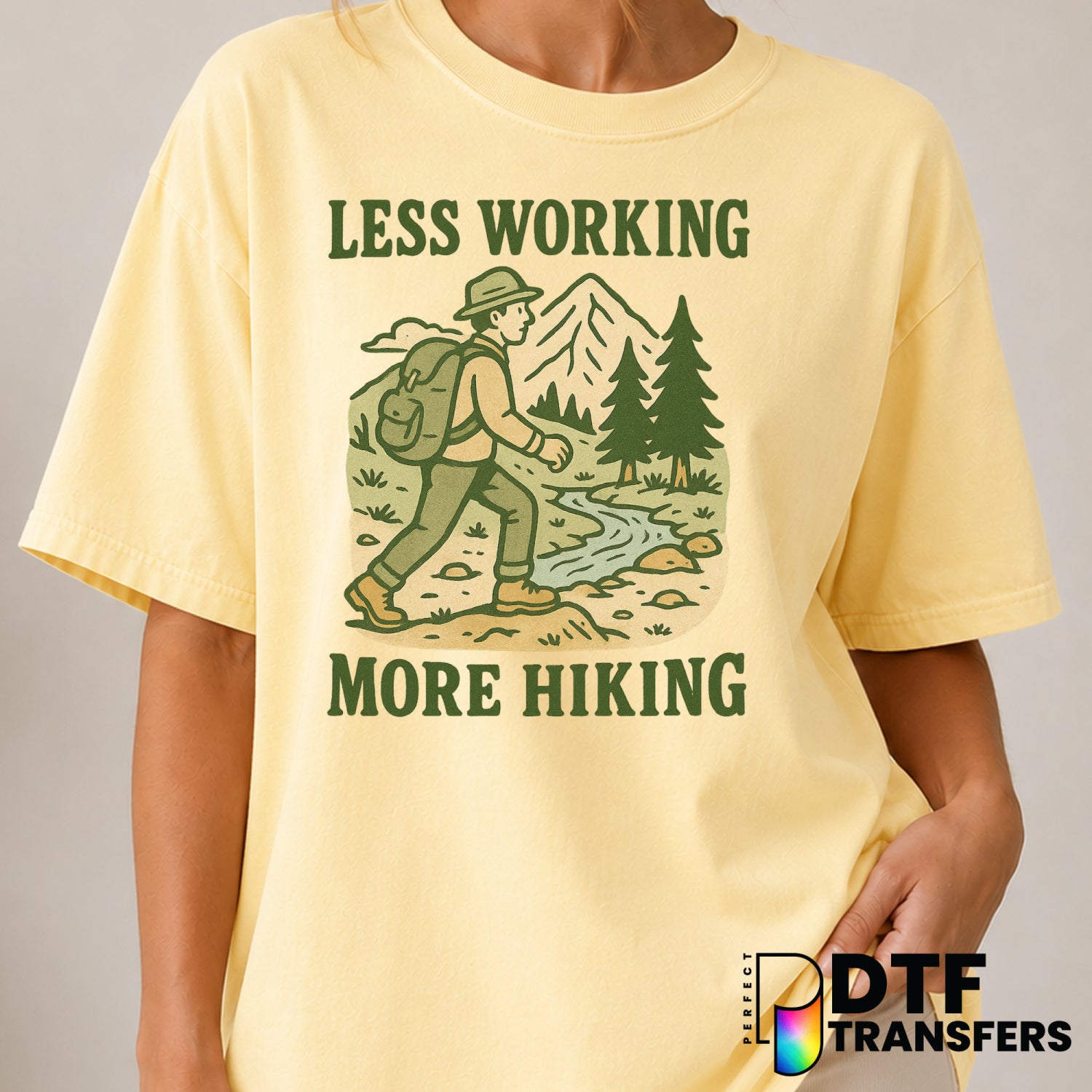 Less Working More Hiking Trails Mountains River Backpacking – Hiking DTF Transfer (view 1 of 2) – by Perfect DTF Transfers...