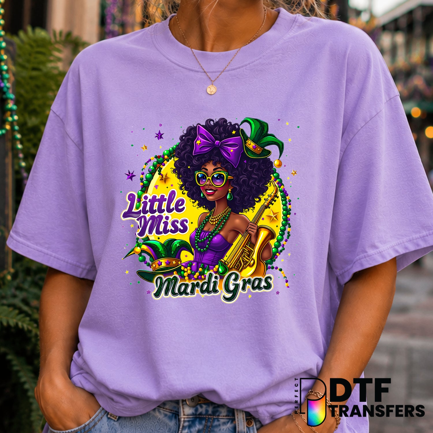 Little Miss Mardi Gras Jazz Carnival – Mardi Gras DTF Transfer (view 2 of 2) – by Perfect DTF Transfers – Premade DTF Tran...