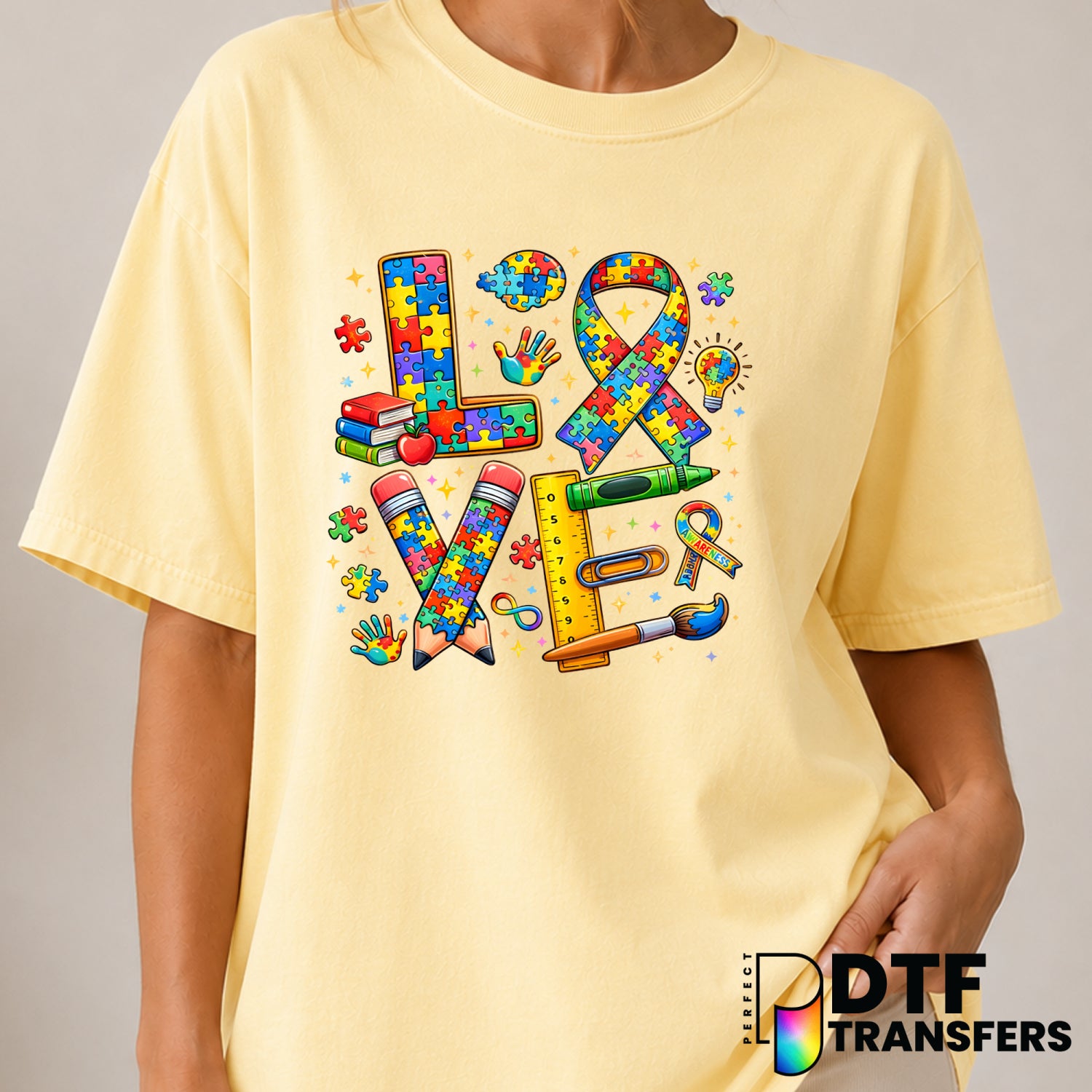 LOVE Colorful Puzzle Pieces – Autism Awareness DTF Transfer (view 2 of 2) – by Perfect DTF Transfers – Premade DTF Transfe...