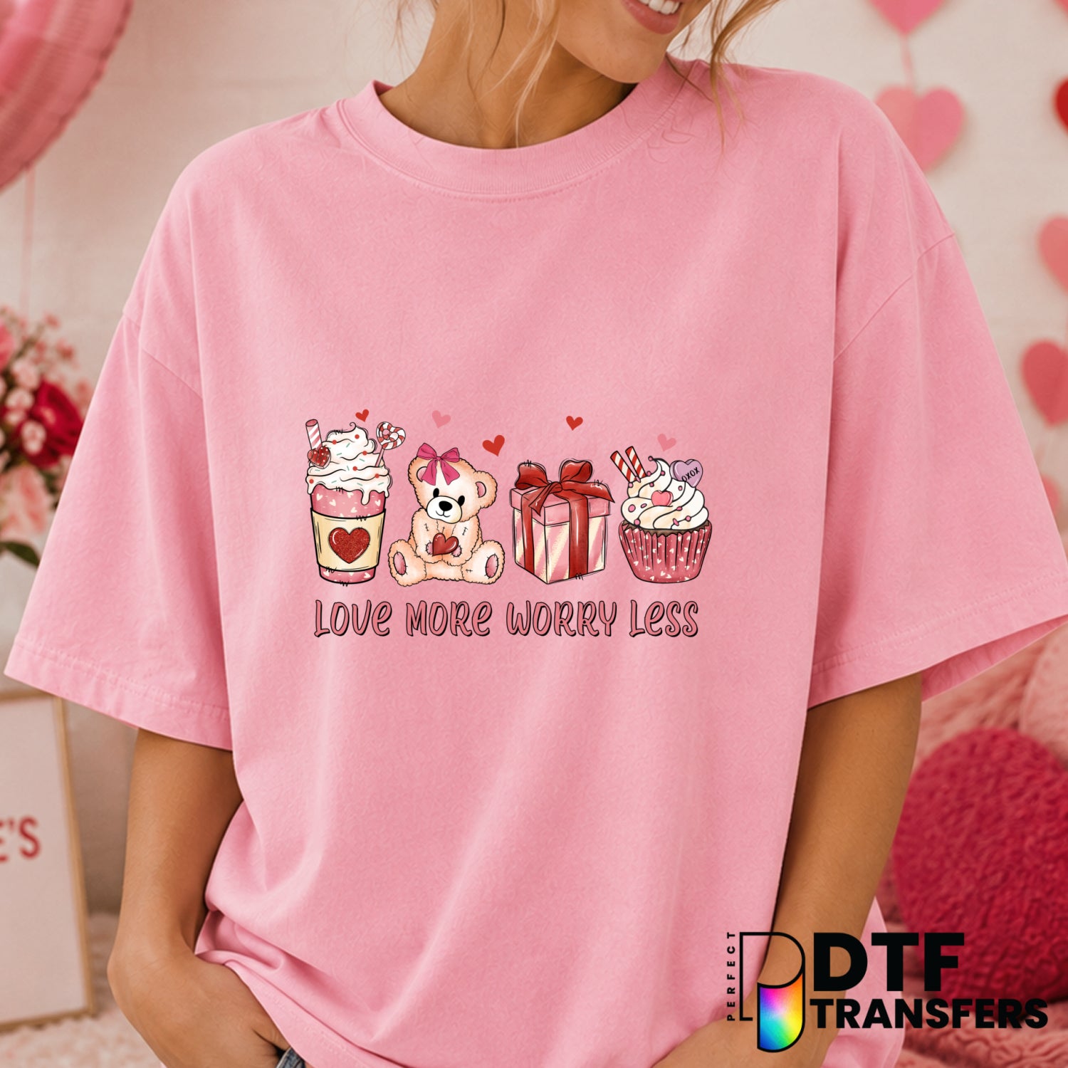 Love More Worry Less Coffee Lover – Valentine's Day DTF Transfer (view 1 of 2) – by Perfect DTF Transfers – Premade DTF Tr...