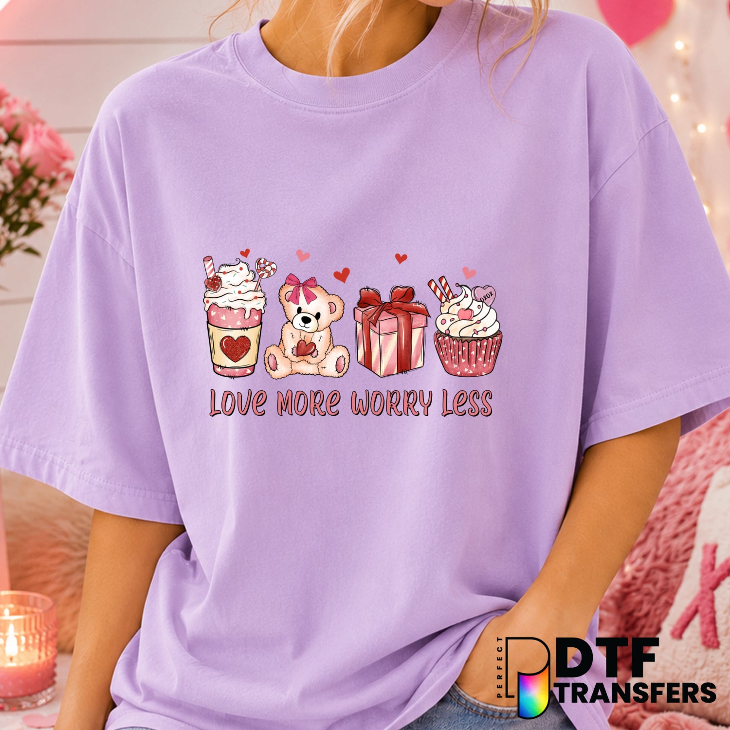 Love More Worry Less Coffee Lover – Valentine's Day DTF Transfer (view 2 of 2) – by Perfect DTF Transfers – Premade DTF Tr...