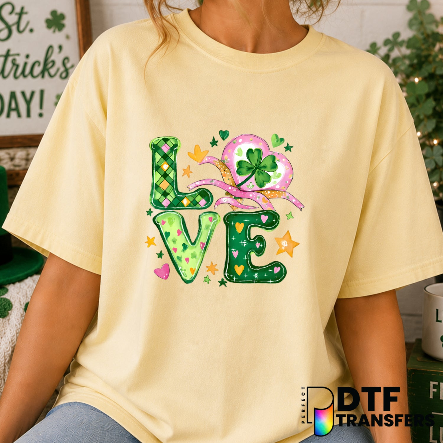 LOVE – St. Patrick's Day DTF Transfer (view 1 of 2) – by Perfect DTF Transfers – Premade DTF Transfers – St. Patrick's Day...