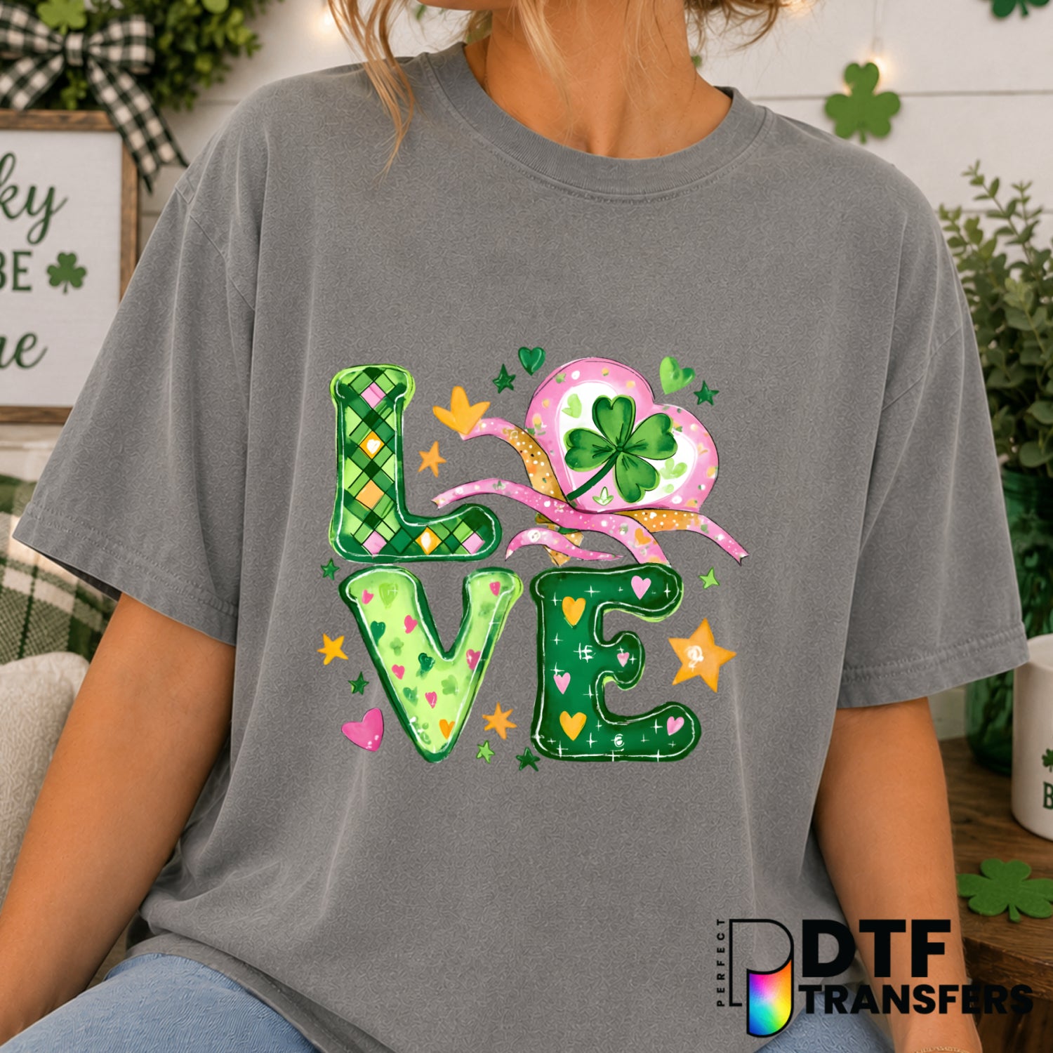 LOVE – St. Patrick's Day DTF Transfer (view 2 of 2) – by Perfect DTF Transfers – Premade DTF Transfers – St. Patrick's Day...