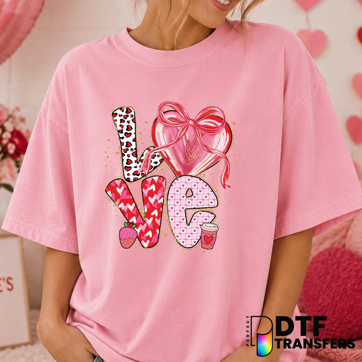 LOVE Stacked Glitter – Valentine's Day DTF Transfer (view 1 of 2) – by Perfect DTF Transfers – Premade DTF Transfers – Val...