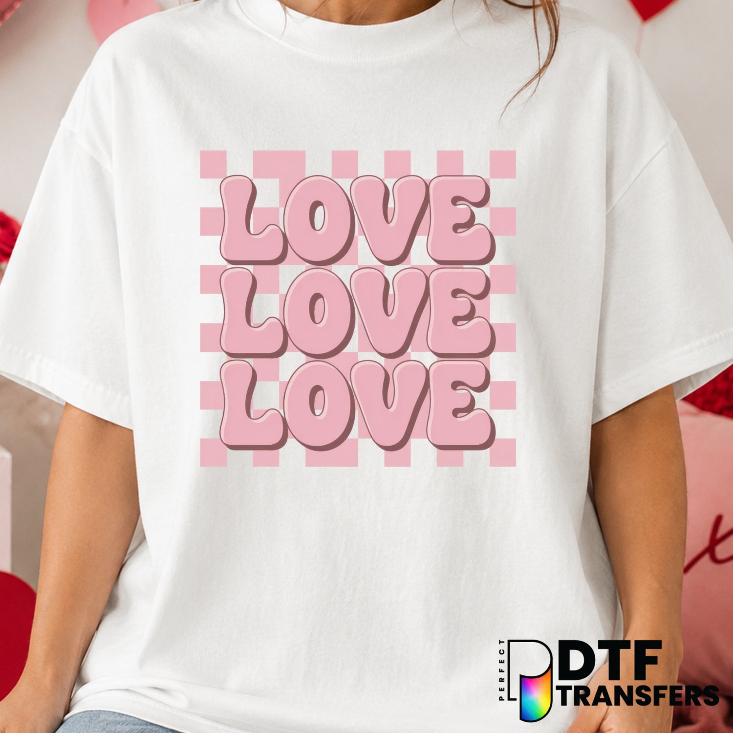 LOVE Stacked Retro Checkered – Valentine's Day DTF Transfer (view 1 of 2) – by Perfect DTF Transfers – Premade DTF Transfe...