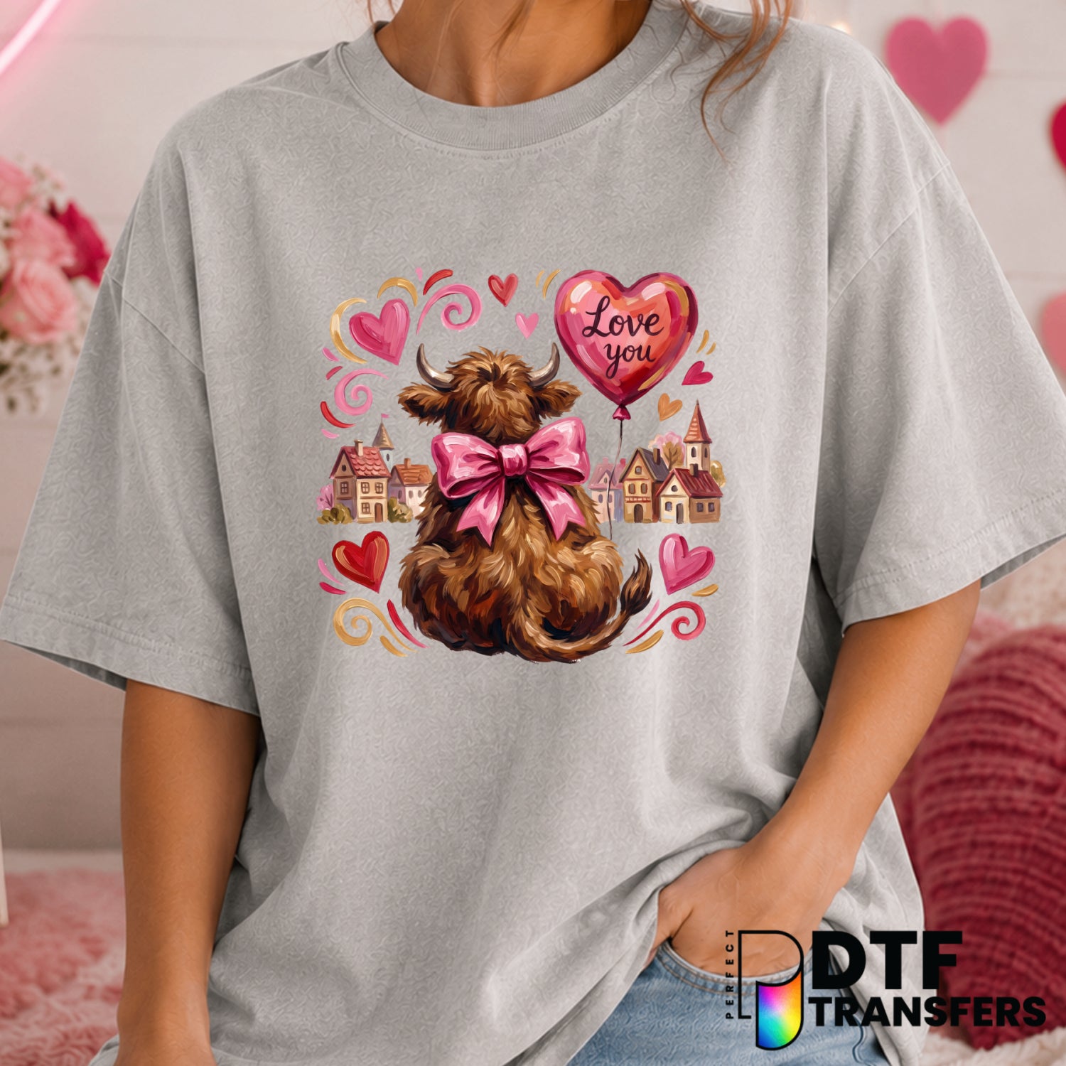 Love You Highland Cow – Valentine's Day DTF Transfer (view 1 of 2) – by Perfect DTF Transfers – Premade DTF Transfers – Va...