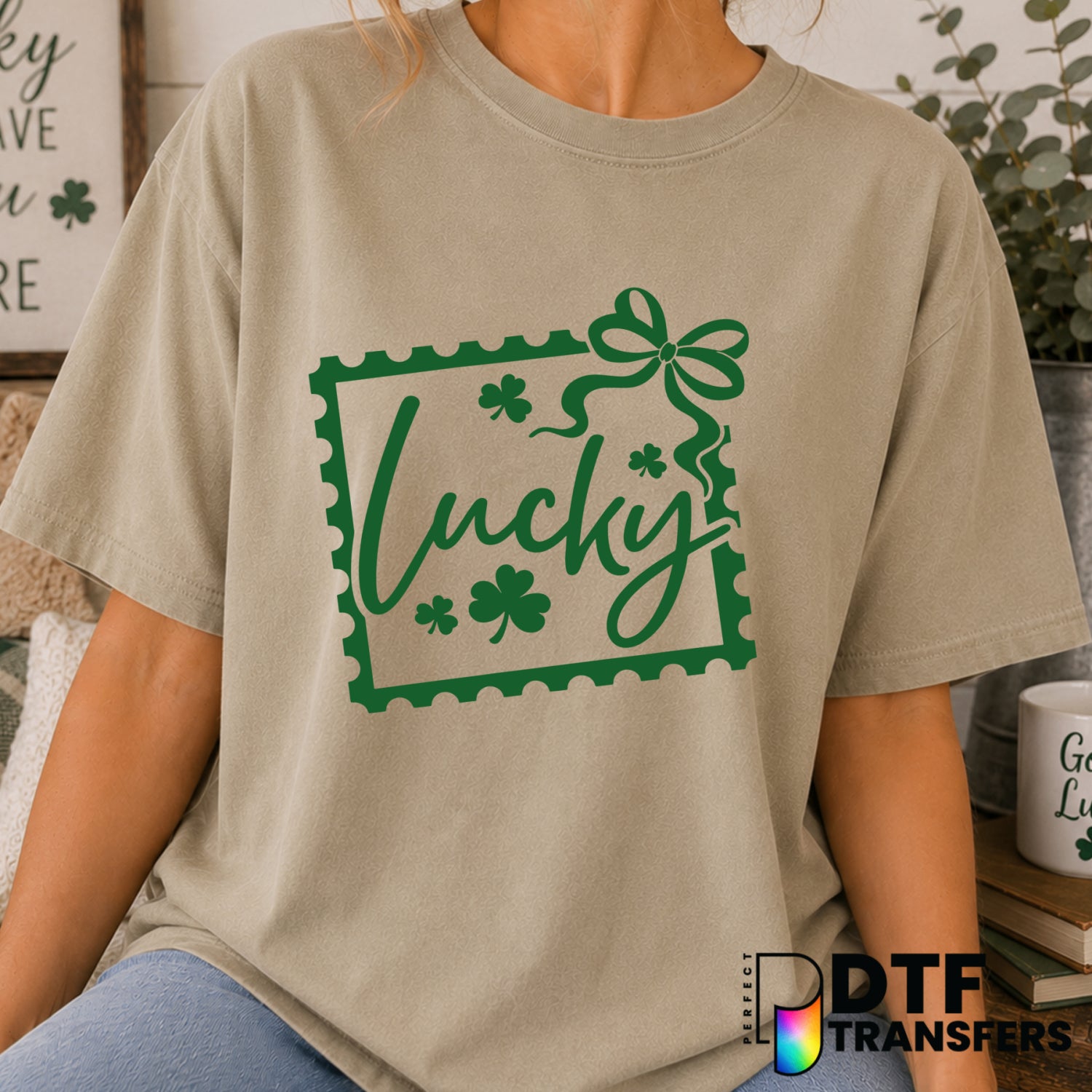 Lucky Coquette Stamp Clover – St. Patrick's Day DTF Transfer (view 1 of 2) – by Perfect DTF Transfers – Premade DTF Transf...