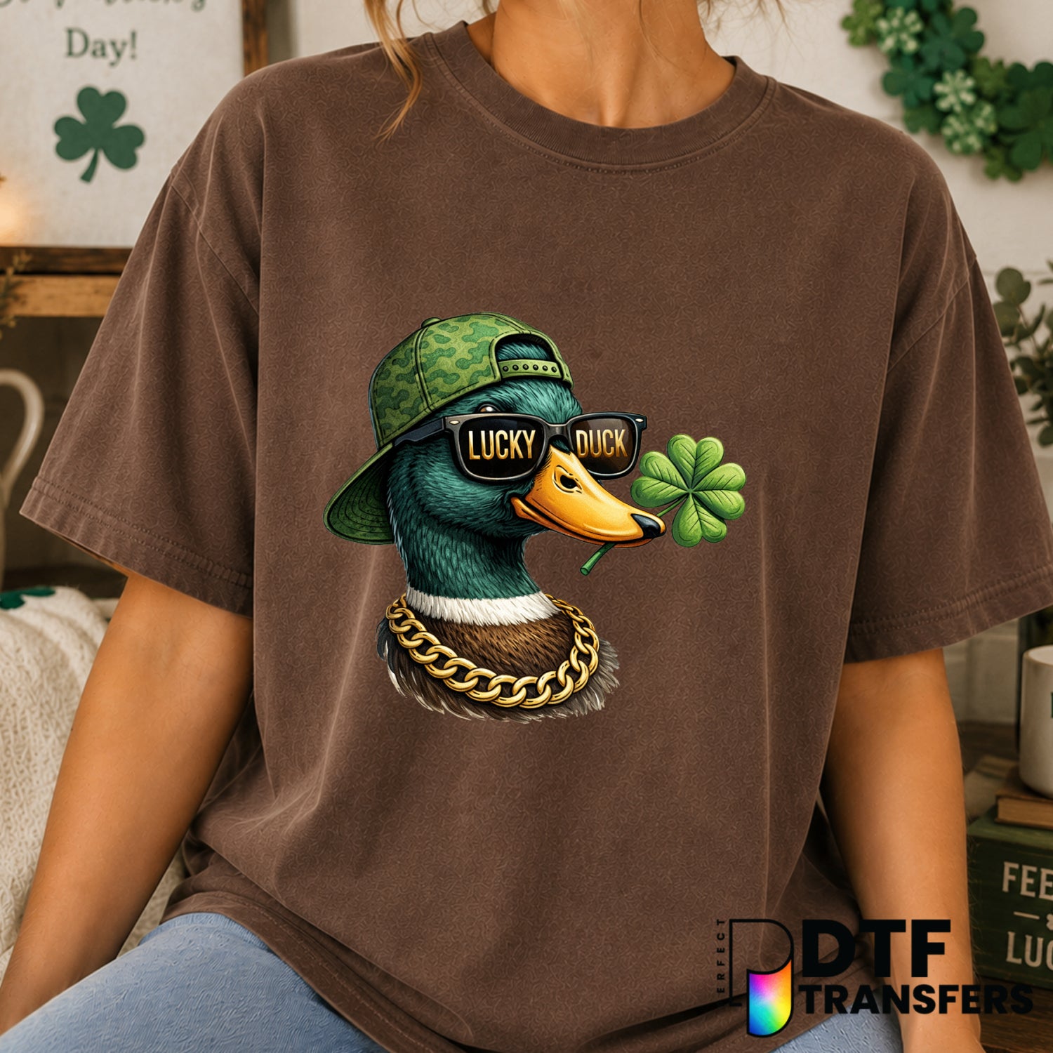 Lucky Duck Clover Mallard – St. Patrick's Day DTF Transfer (view 1 of 2) – by Perfect DTF Transfers – Premade DTF Transfer...