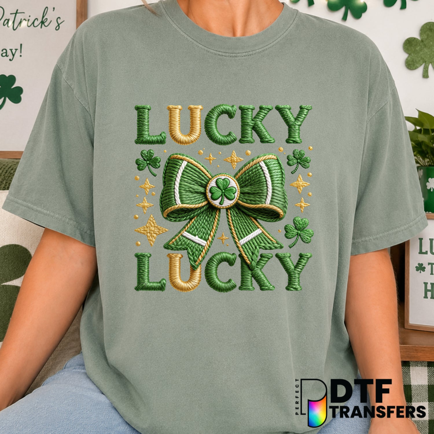 Lucky Lucky Coquette St Patrick's Day Sparkle Clover DTF Transfer (view 2 of 2) – by Perfect DTF Transfers – Premade DTF T...