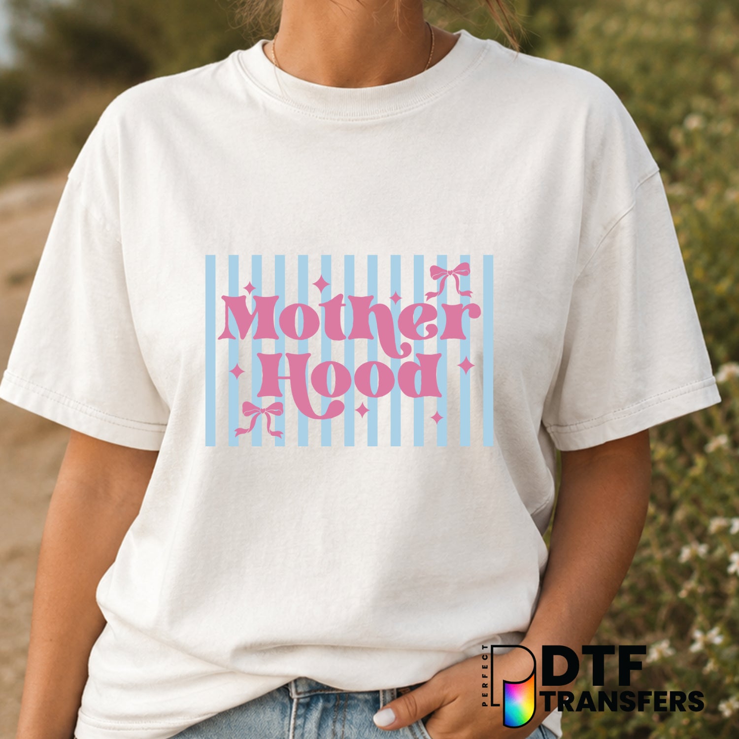 MAMA Motherhood Stripes Coquette Bow – Mother's Day DTF Transfer (view 2 of 2) – by Perfect DTF Transfers – Premade DTF Tr...