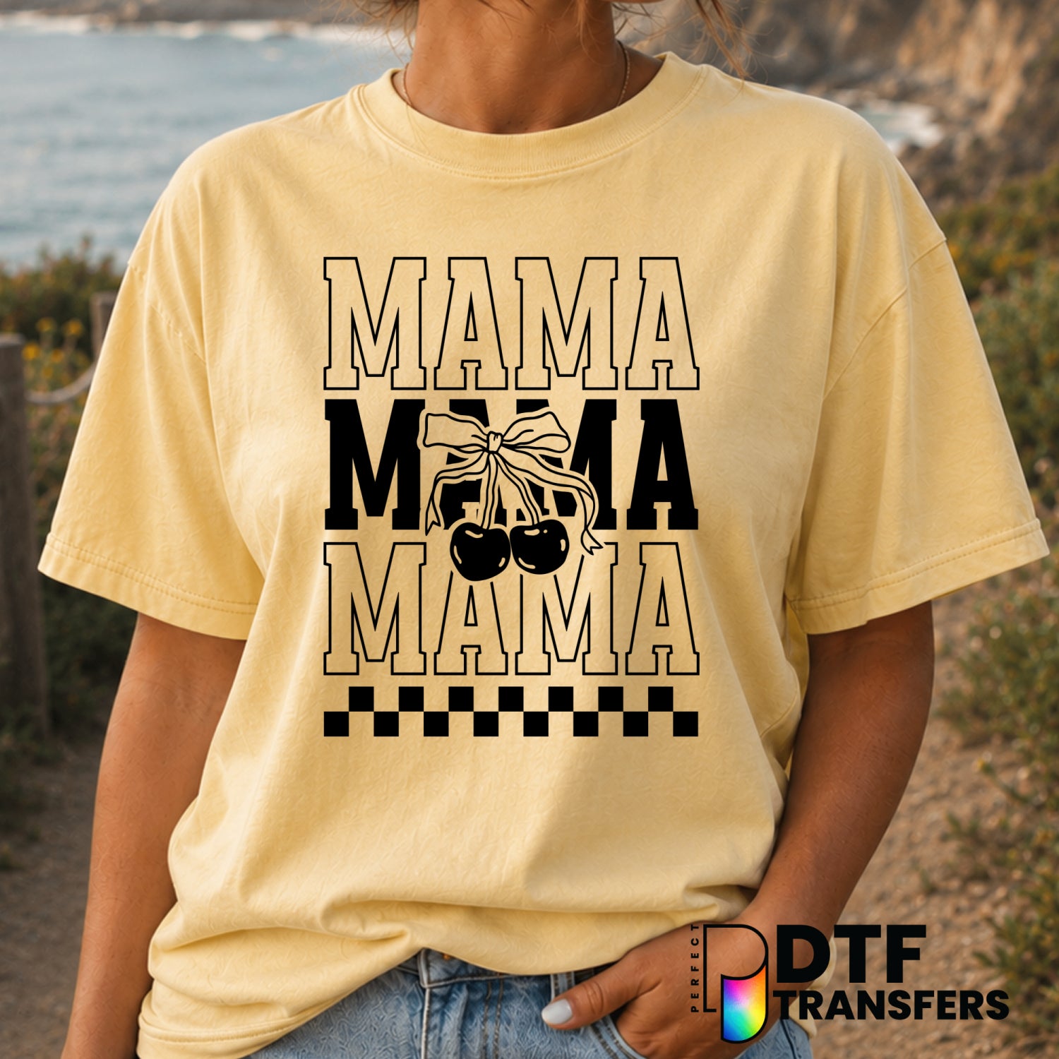 Mama Stacked Coquette Cherries Bow Checkered – Mother's Day DTF Transfer (view 1 of 2) – by Perfect DTF Transfers – Premad...