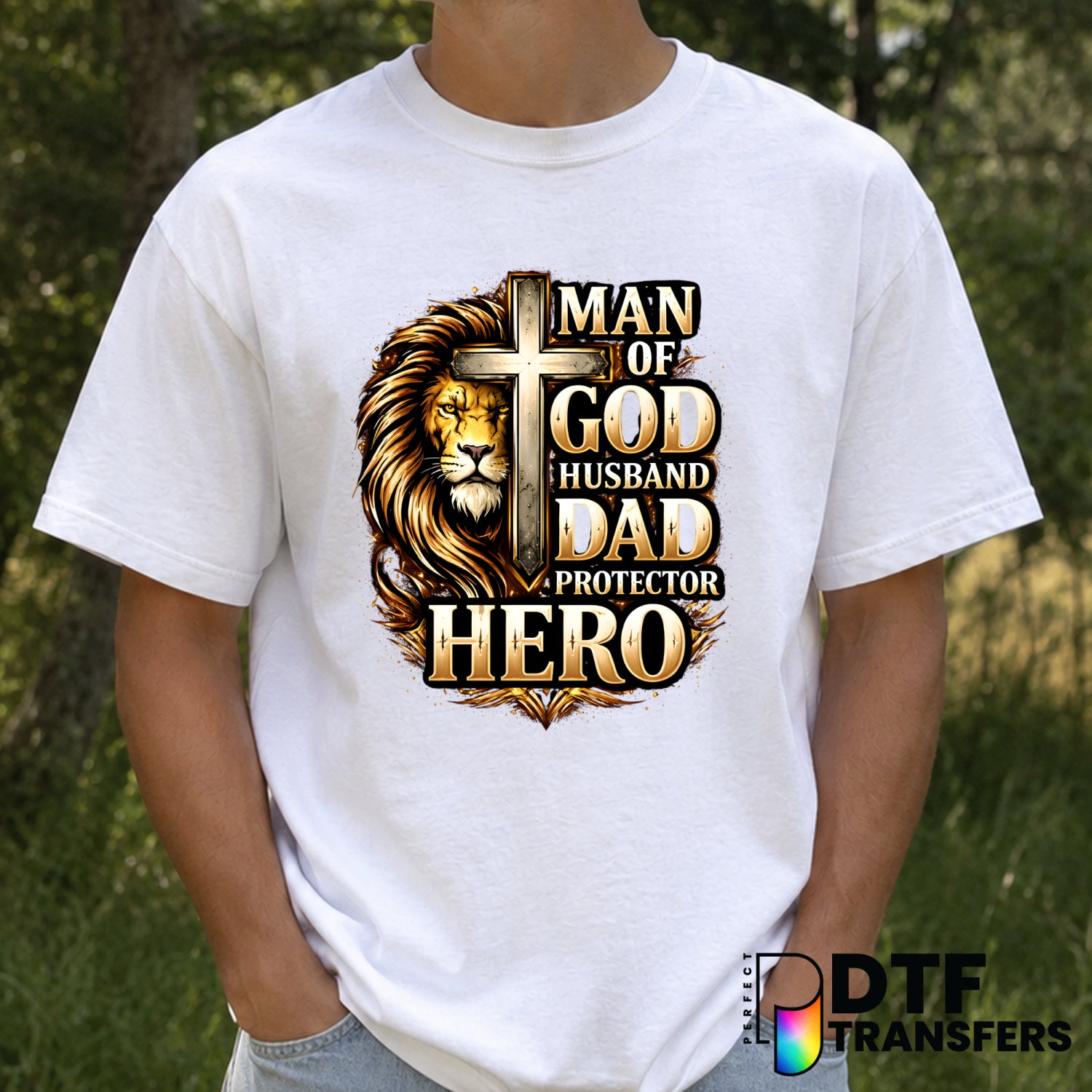 Man God Husband Dad Hero Christian Lion Cross – Father's Day DTF Transfer (view 1 of 2) – by Perfect DTF Transfers – Prema...