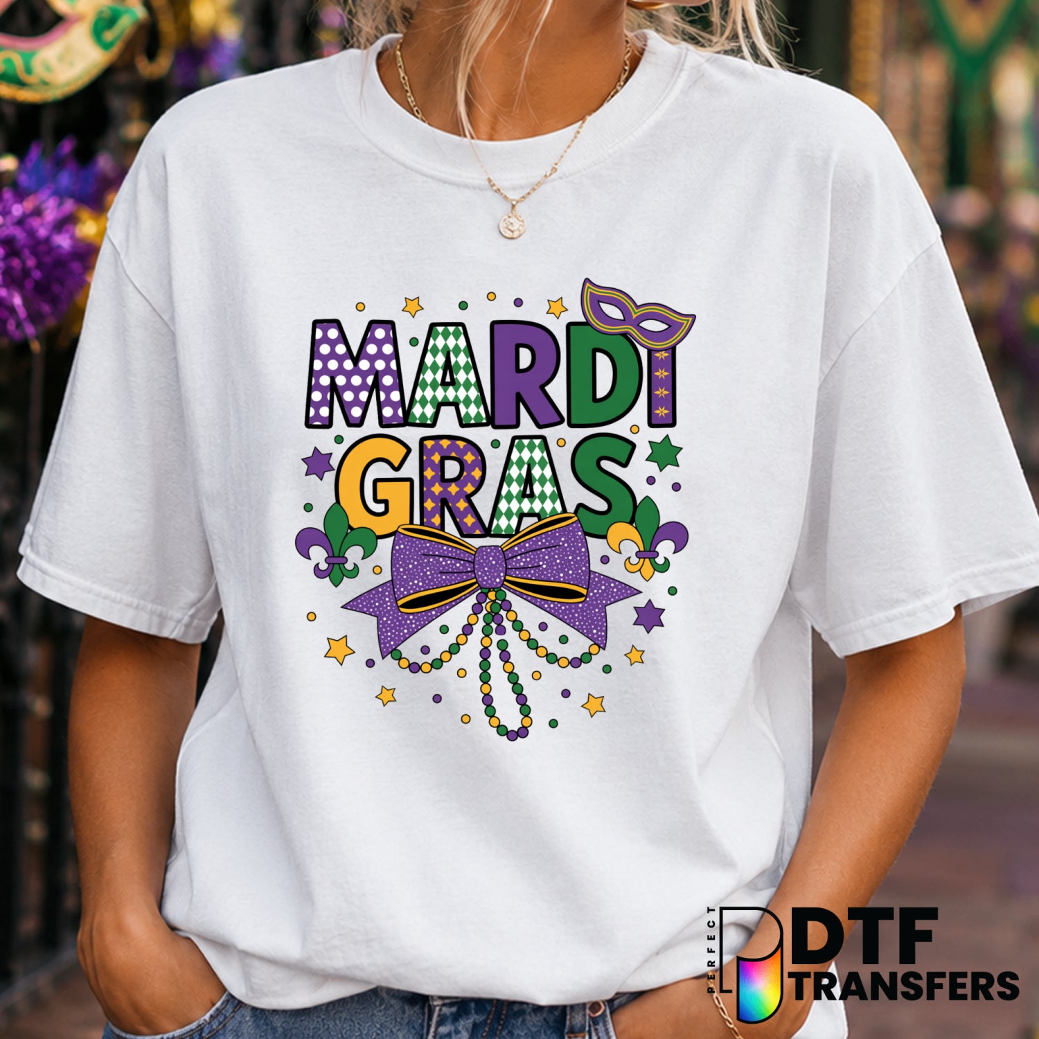 Mardi Gras Coquette Bow – Mardi Gras DTF Transfer (view 1 of 2) – by Perfect DTF Transfers – Premade DTF Transfers – Mardi...