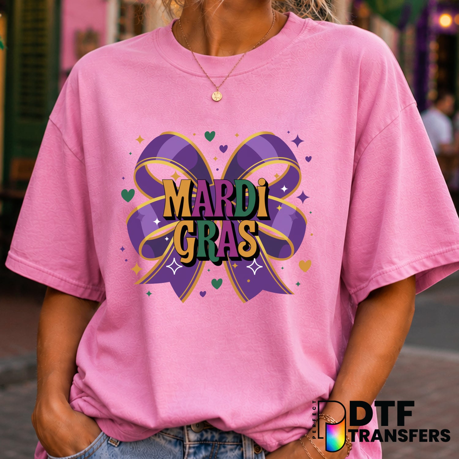 Mardi Gras Coquette Bow Stacked Hearts – DTF Transfer (view 2 of 2) – by Perfect DTF Transfers – Premade DTF Transfers – M...