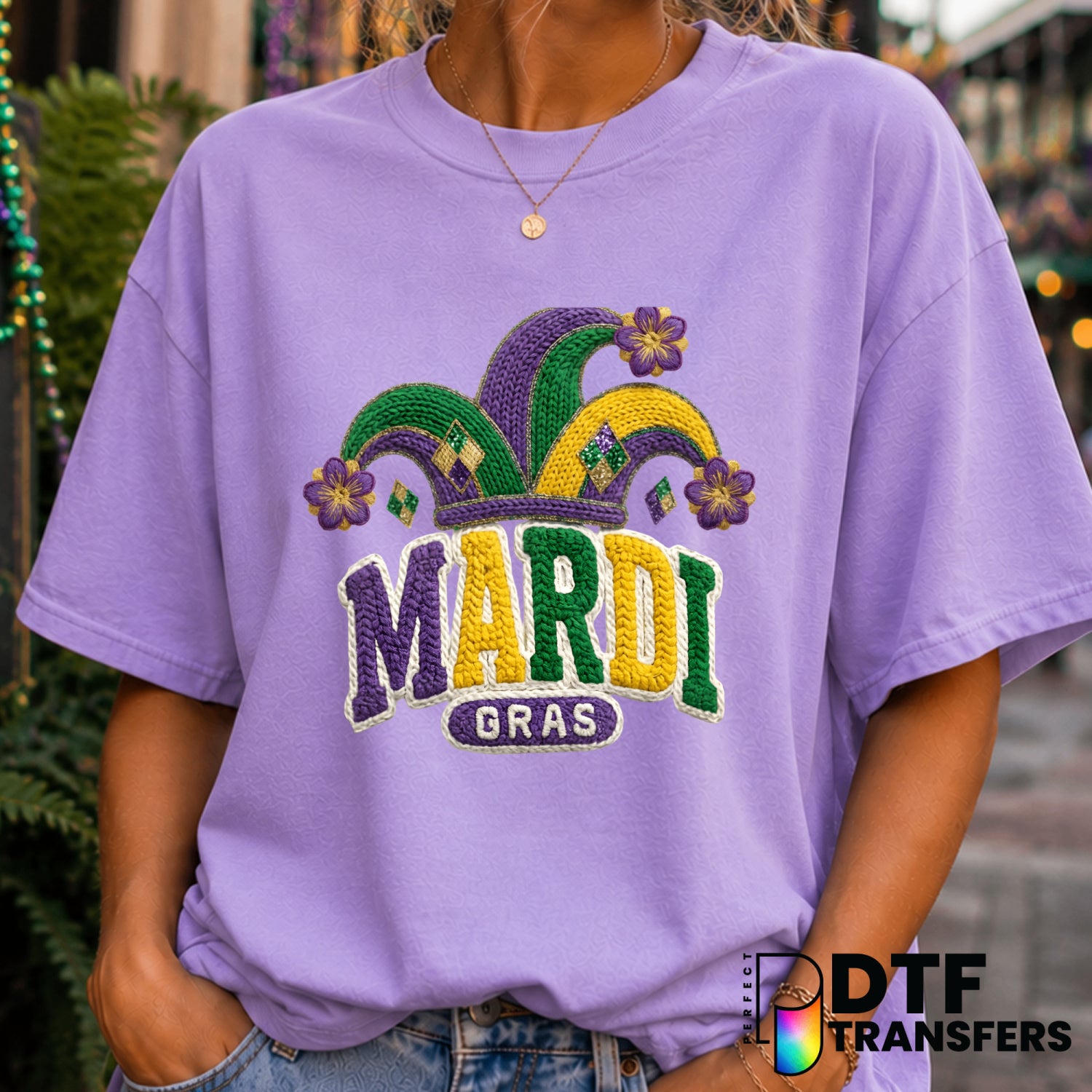 Mardi Gras Faux Crochet Varsity Arch Floral – DTF Transfer (view 1 of 2) – by Perfect DTF Transfers – Premade DTF Transfer...