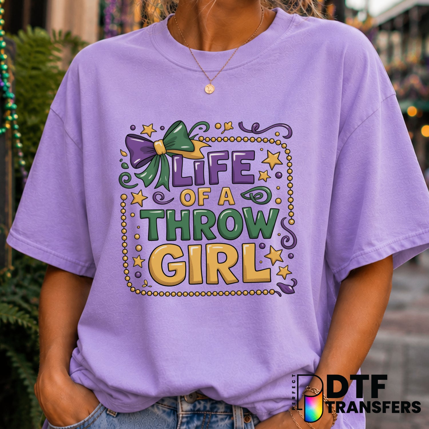 Mardi Gras Life of a Bead Throw Girl – Mardi Gras DTF Transfer (view 1 of 2) – by Perfect DTF Transfers – Premade DTF Tran...