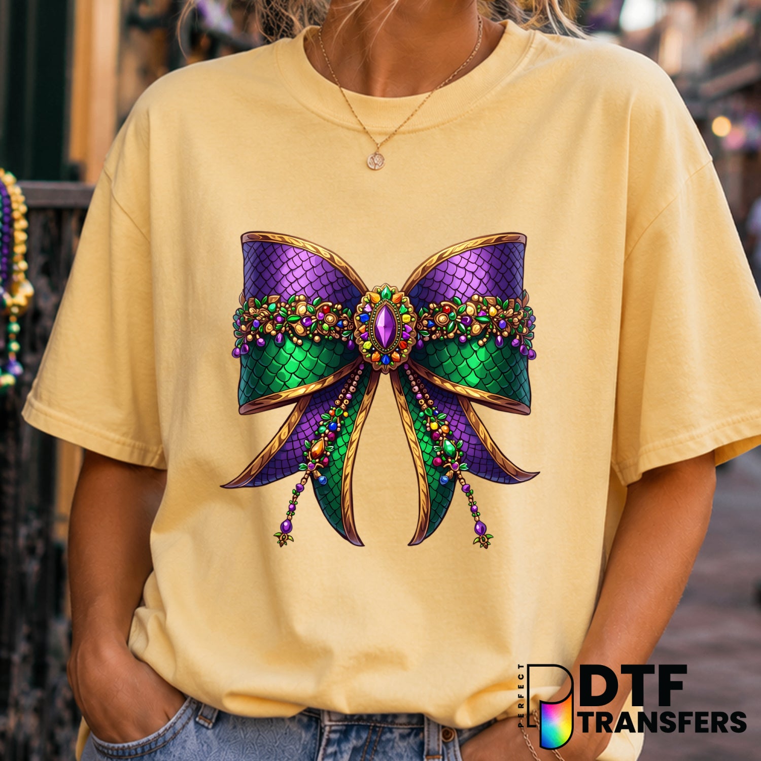 Mardi Gras Scale Coquette Bow with Jewels – DTF Transfer (view 1 of 2) – by Perfect DTF Transfers – Premade DTF Transfers...