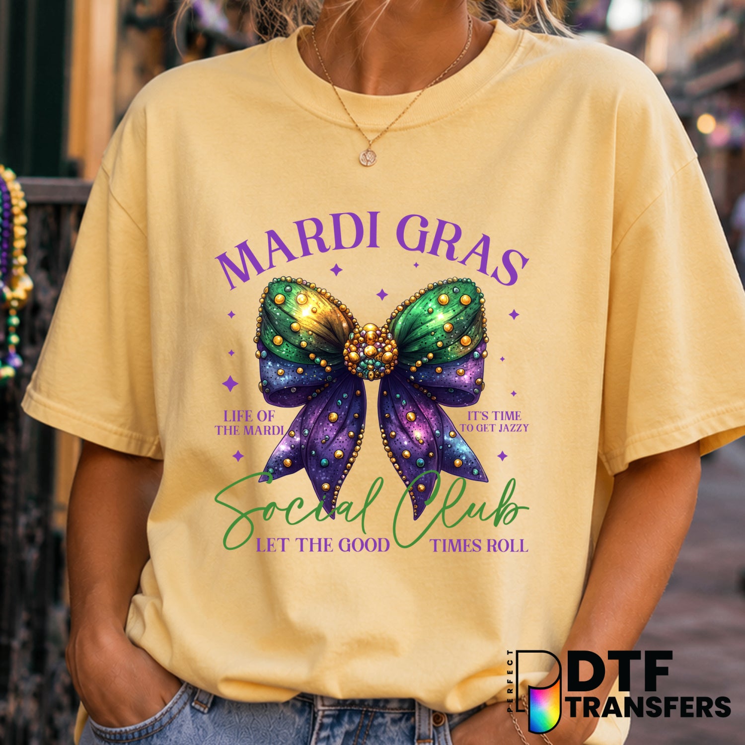 Mardi Gras Social Club Let the Good Times Roll – Mardi Gras DTF Transfer (view 1 of 2) – by Perfect DTF Transfers – Premad...