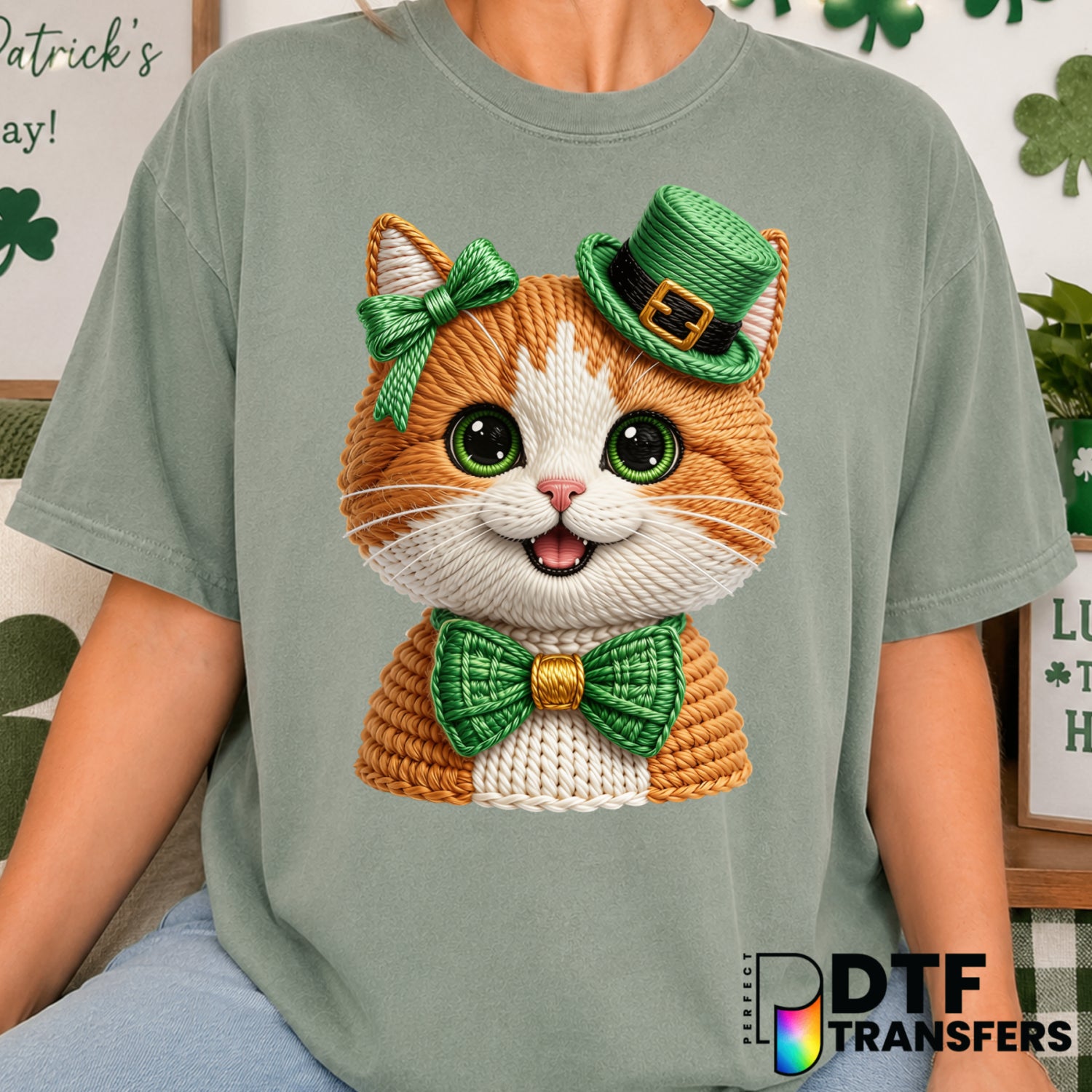 Meow Lucky – St. Patrick's Day DTF Transfer (view 2 of 2) – by Perfect DTF Transfers – Premade DTF Transfers – St. Patrick...