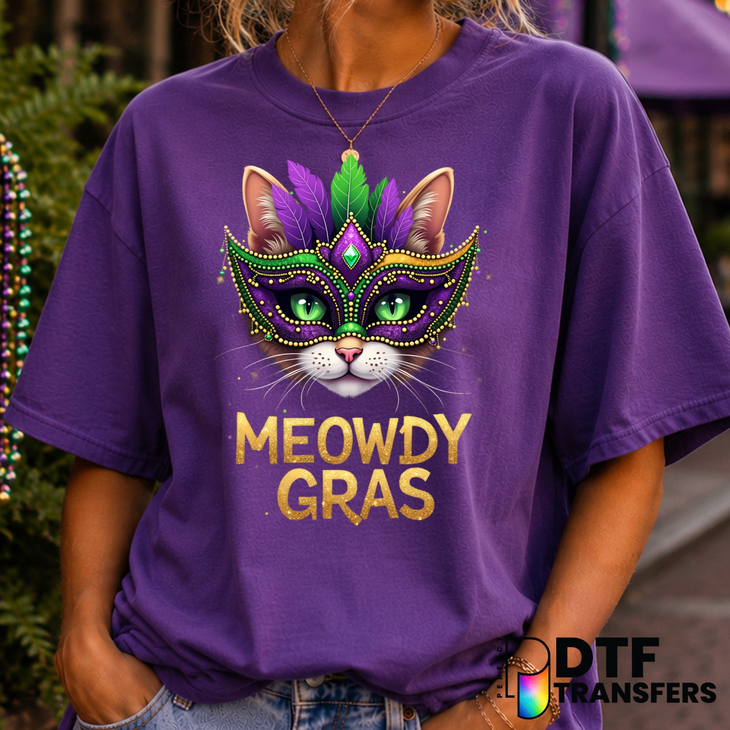 MEOWDY GRAS – Mardi Gras DTF Transfer (view 2 of 2) – by Perfect DTF Transfers – Premade DTF Transfers – Mardi Gras, Festival