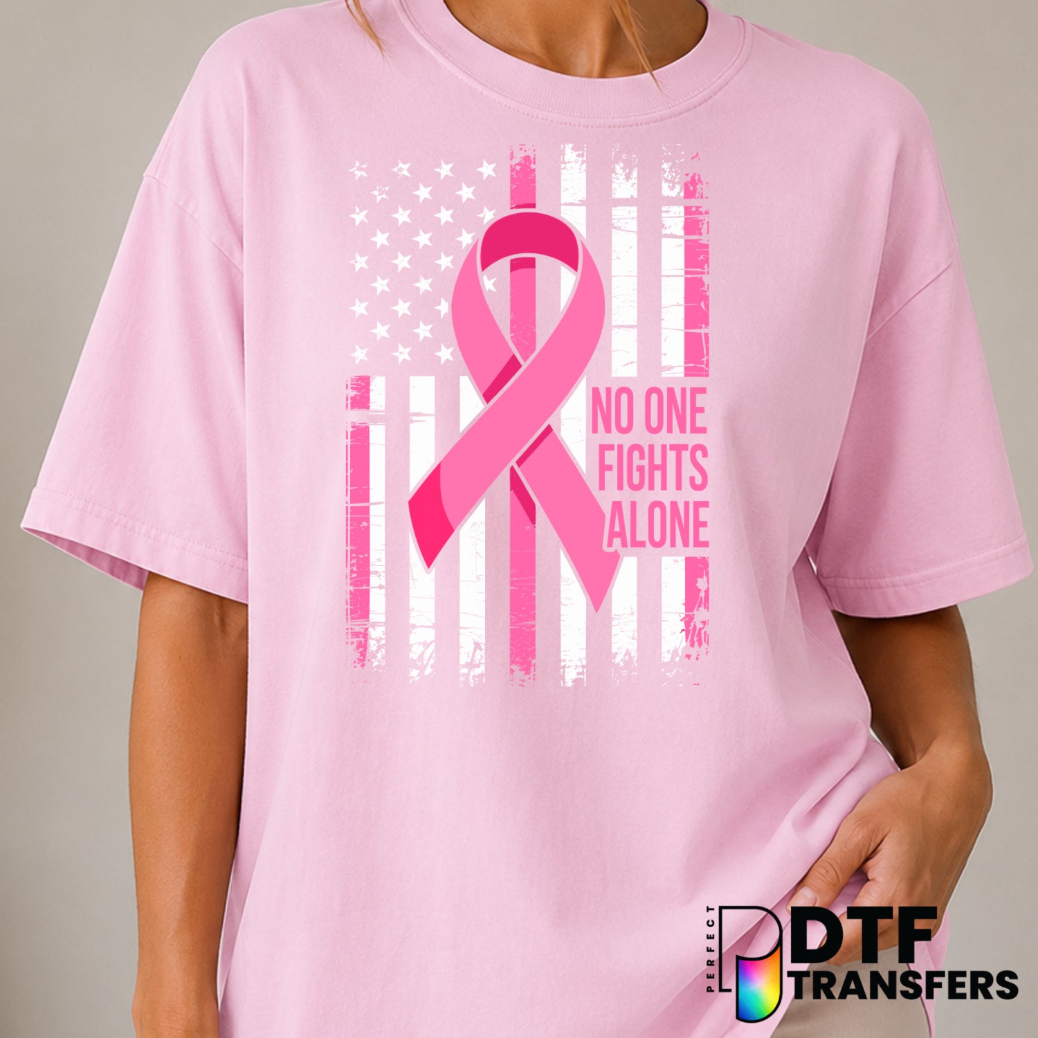 NO ONE FIGHTS ALONE – Cancer Awareness DTF Transfer (view 2 of 2) – by Perfect DTF Transfers – Premade DTF Transfers – Can...
