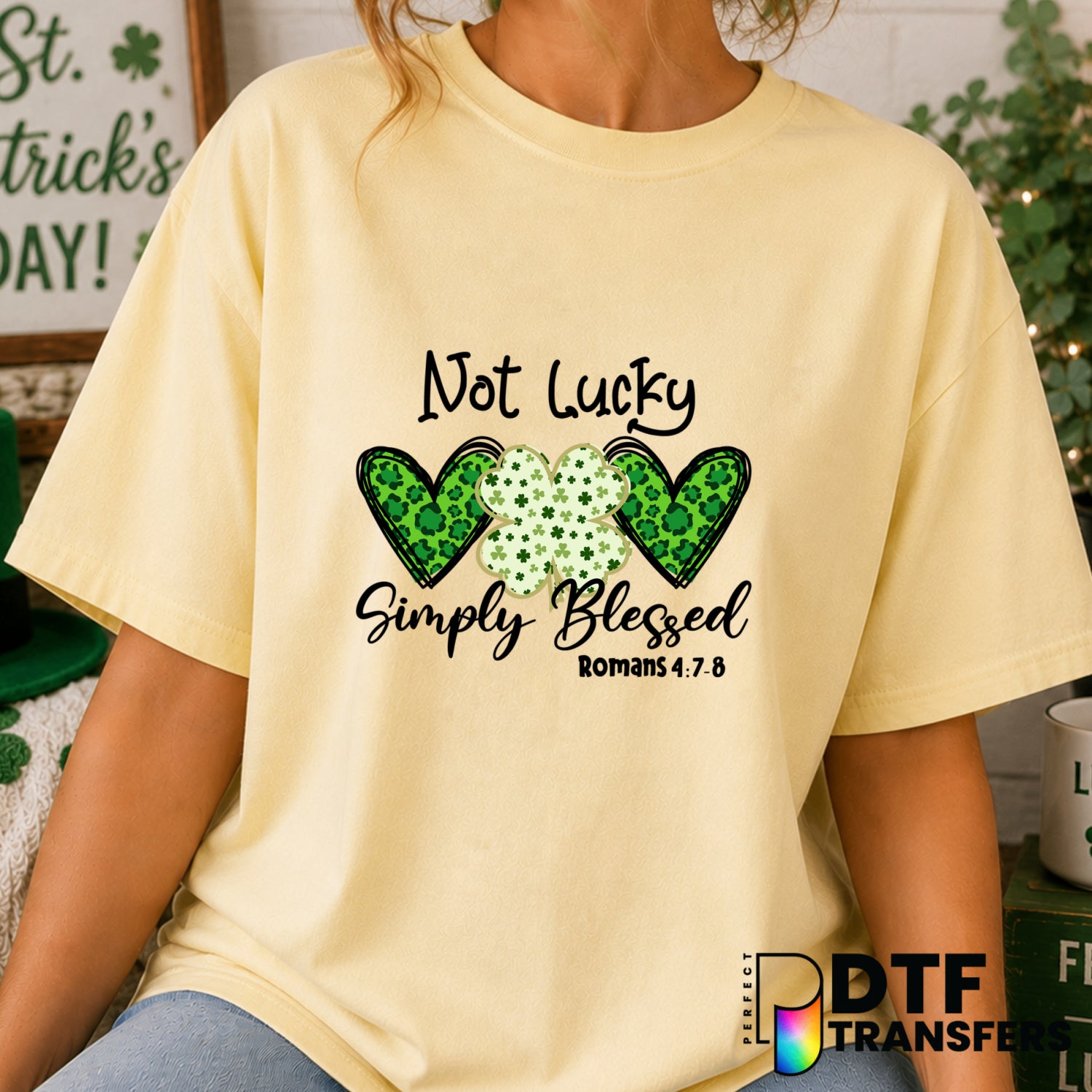 NOT LUCKY SIMPLY BLESSED – St. Patrick's Day DTF Transfer (view 1 of 2) – by Perfect DTF Transfers – Premade DTF Transfers...