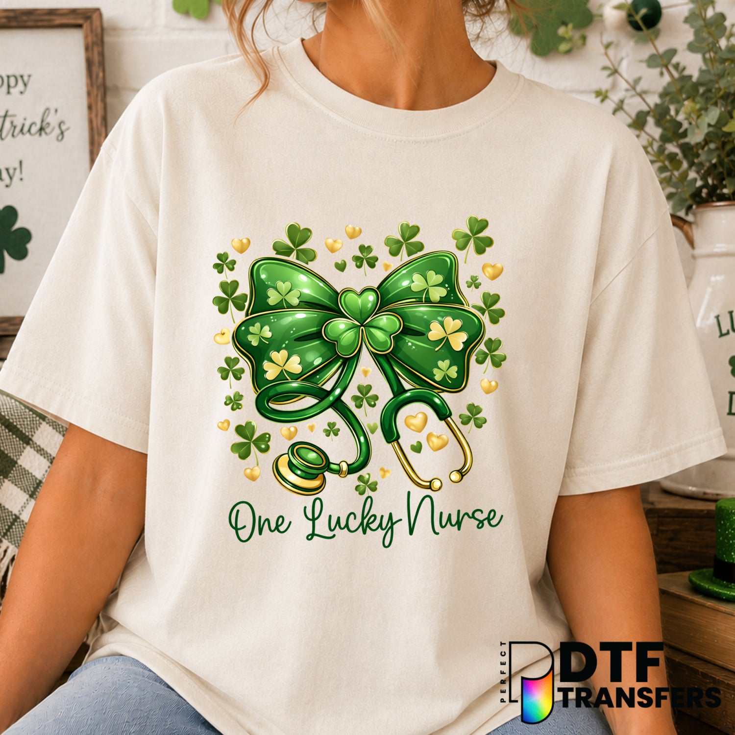 One Lucky Nurse Coquette Bow – St. Patrick's Day DTF Transfer (view 1 of 2) – by Perfect DTF Transfers – Premade DTF Trans...