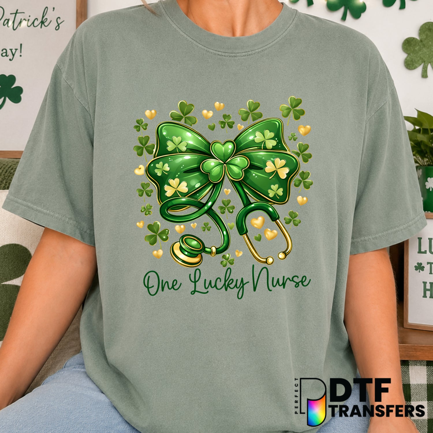 One Lucky Nurse Coquette Bow – St. Patrick's Day DTF Transfer (view 2 of 2) – by Perfect DTF Transfers – Premade DTF Trans...