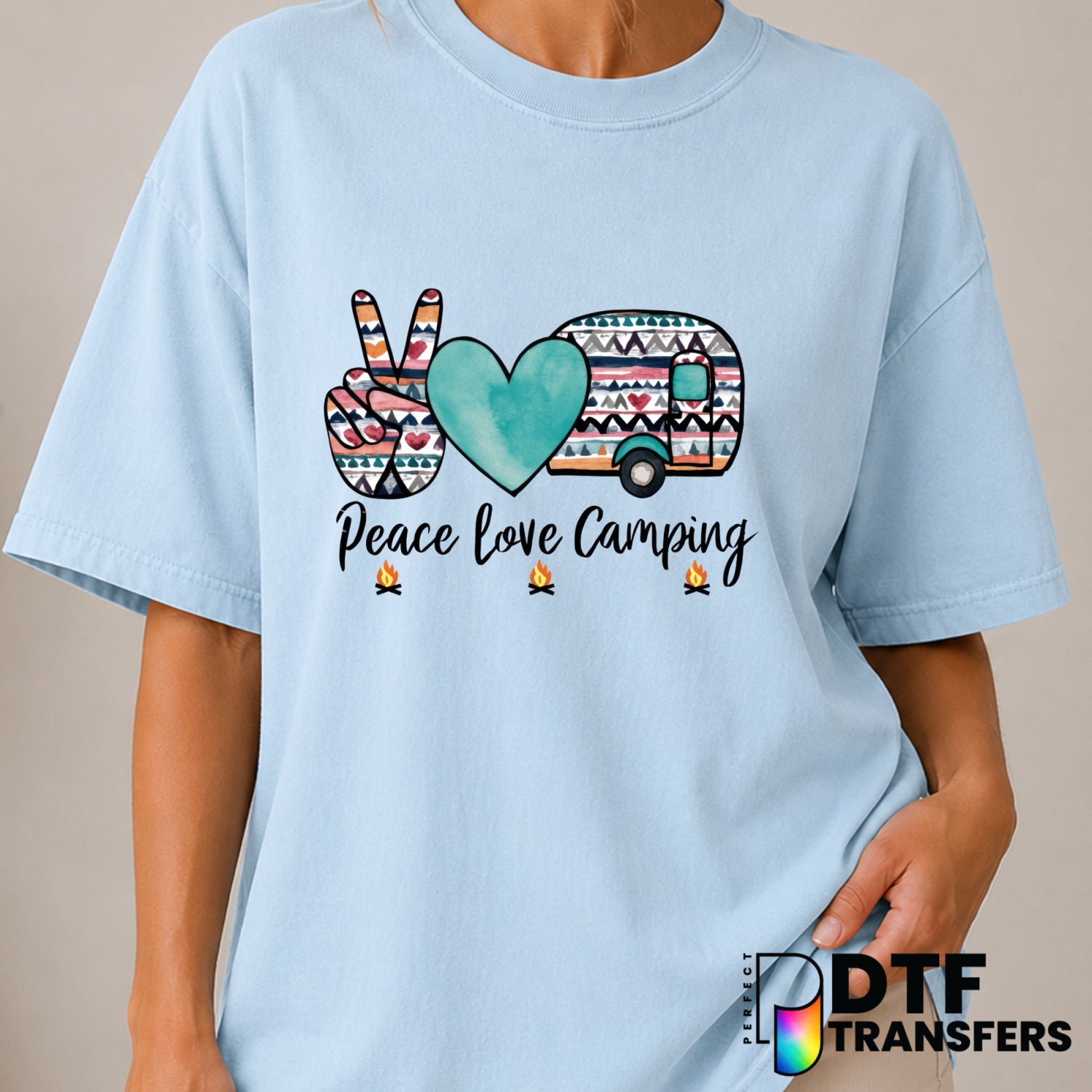 Peace Love Camping – Camping DTF Transfer (view 1 of 2) – by Perfect DTF Transfers – Premade DTF Transfers – Camping, Outdoor