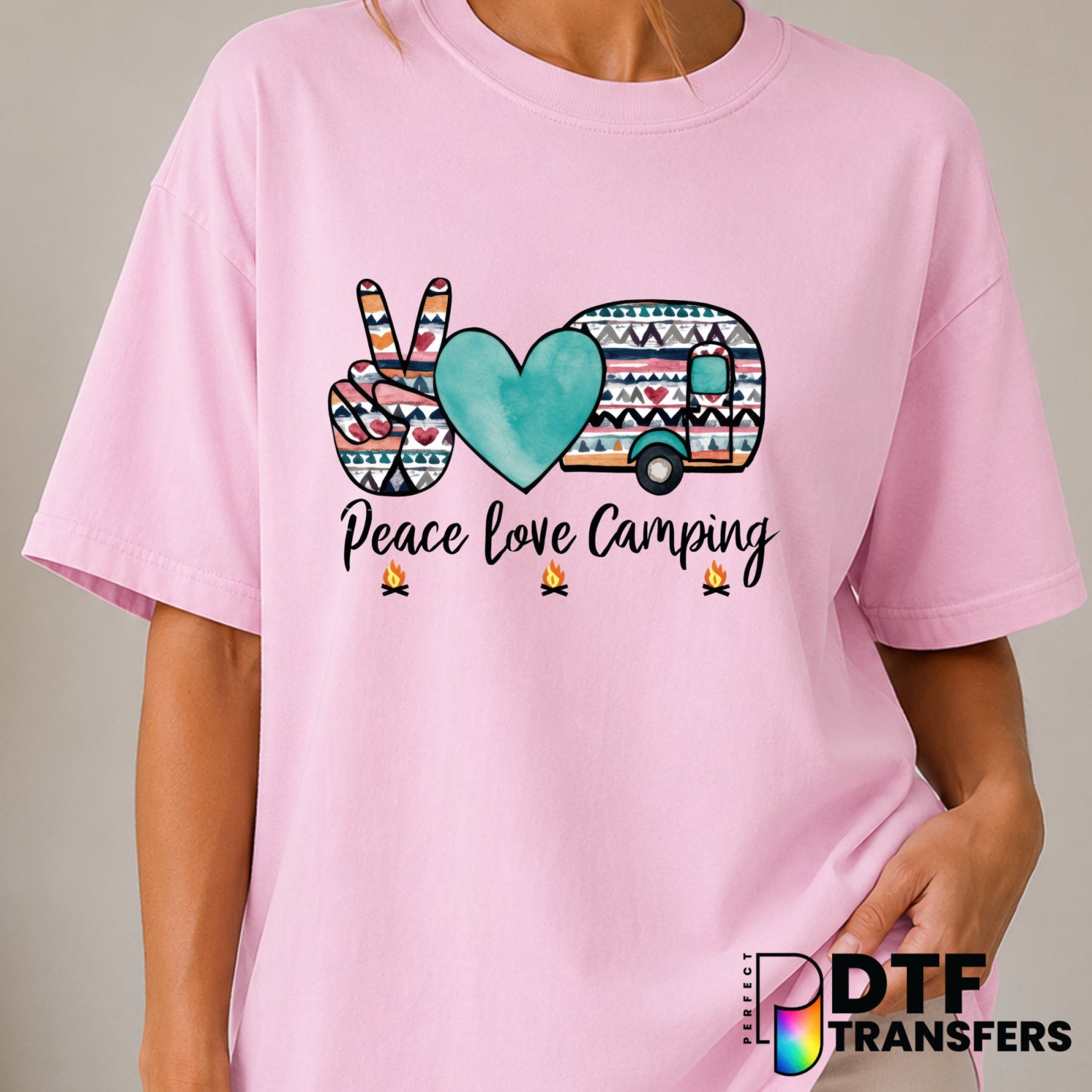 Peace Love Camping – Camping DTF Transfer (view 2 of 2) – by Perfect DTF Transfers – Premade DTF Transfers – Camping, Outdoor