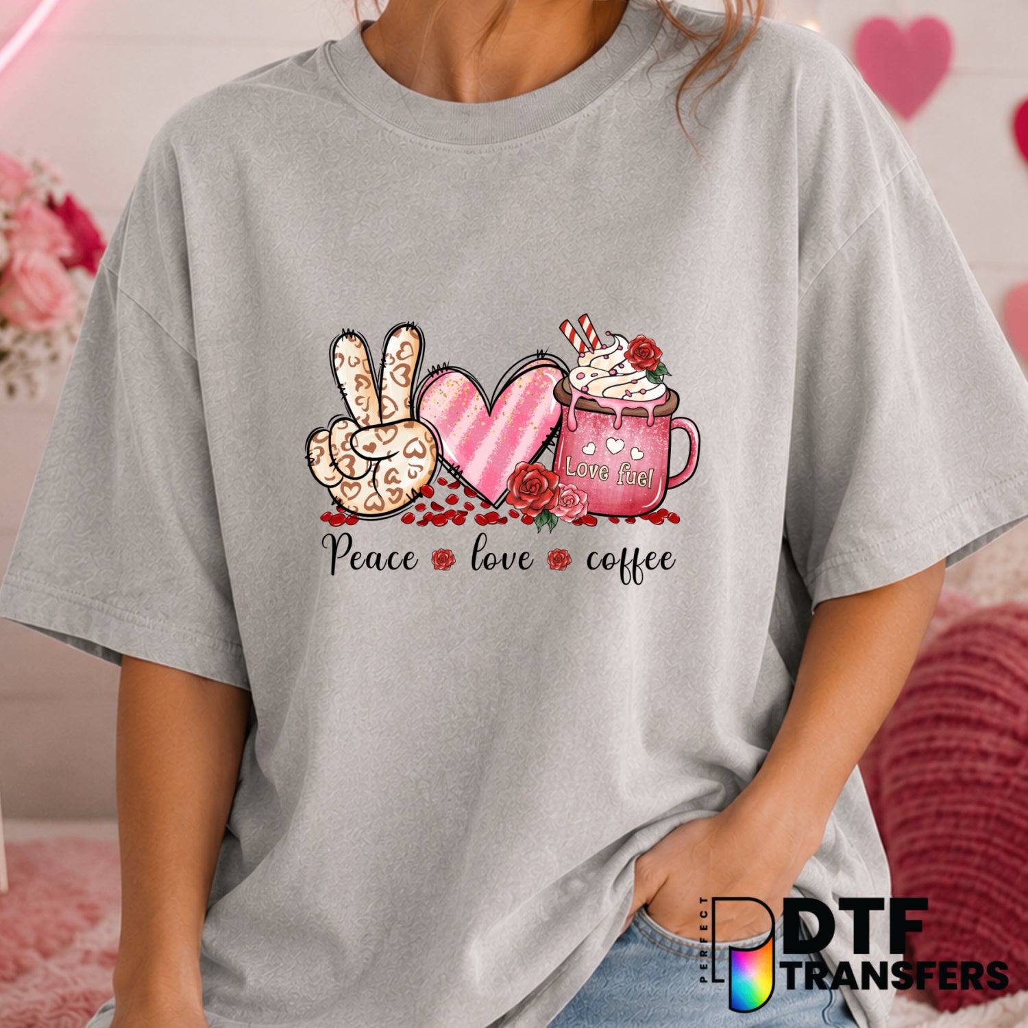 Peace Love Coffee – Valentine's Day DTF Transfer (view 1 of 2) – by Perfect DTF Transfers – Premade DTF Transfers – Valent...