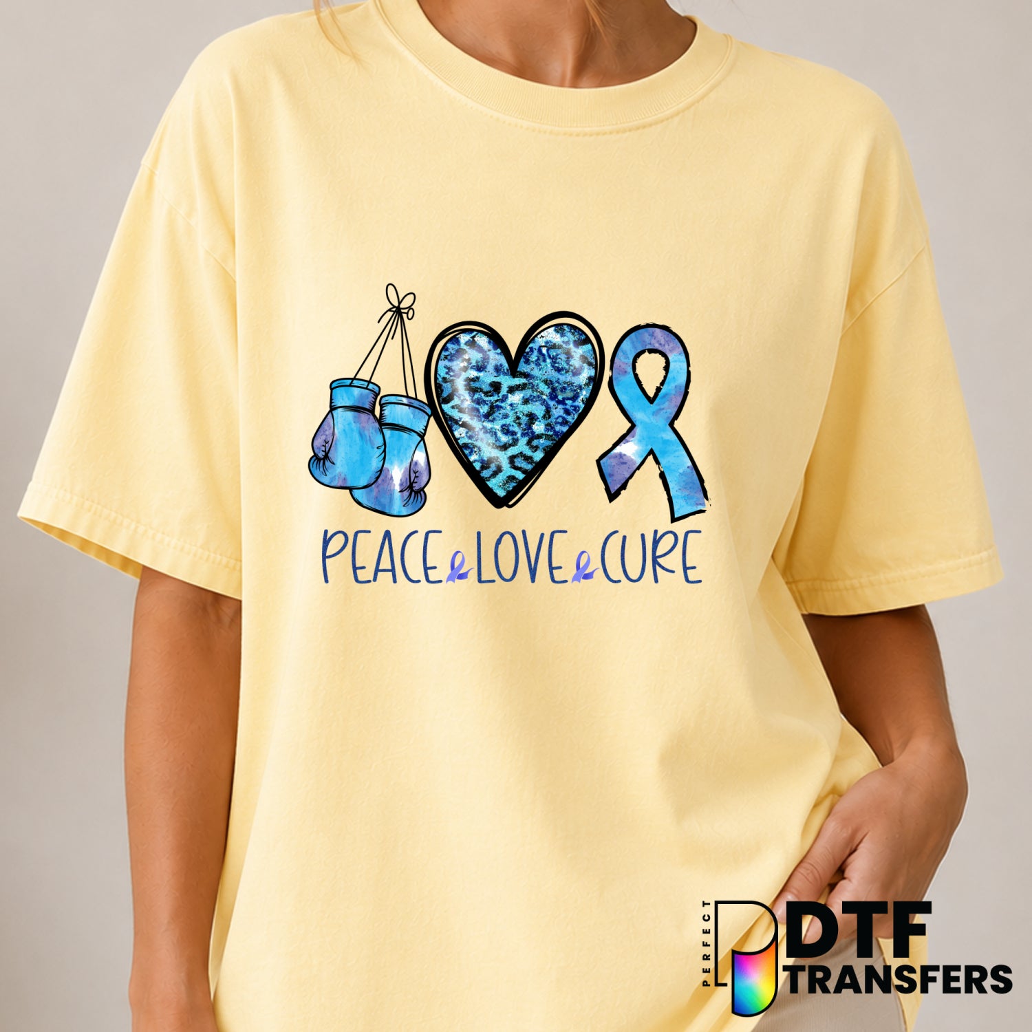 Peace Love Cure – Diabetes Awareness DTF Transfer (view 2 of 2) – by Perfect DTF Transfers – Premade DTF Transfers – Diabe...