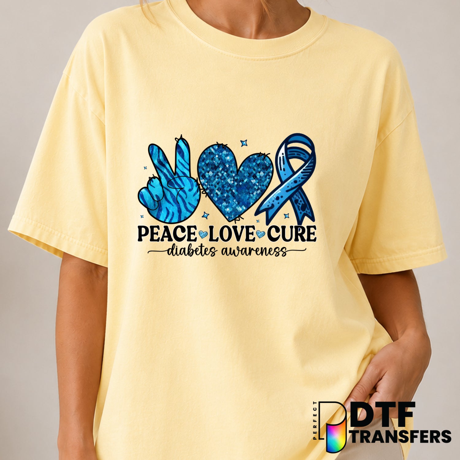 Peace Love Cure – Diabetes Awareness DTF Transfer (view 2 of 2) – by Perfect DTF Transfers – Premade DTF Transfers – Diabe...