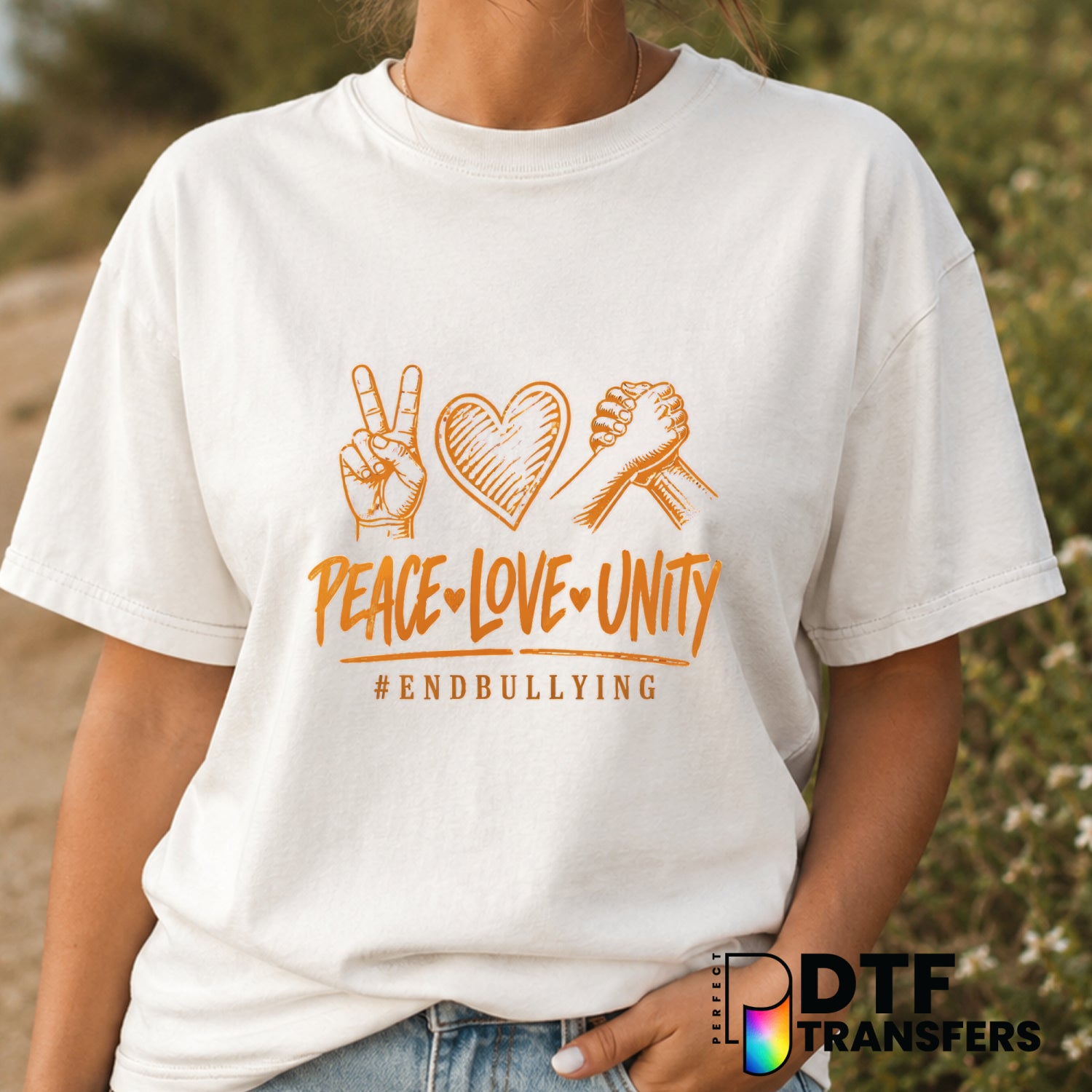 PEACE LOVE UNITY END BULLYING – Anti-Bullying DTF Transfer (view 2 of 2) – by Perfect DTF Transfers – Premade DTF Transfer...