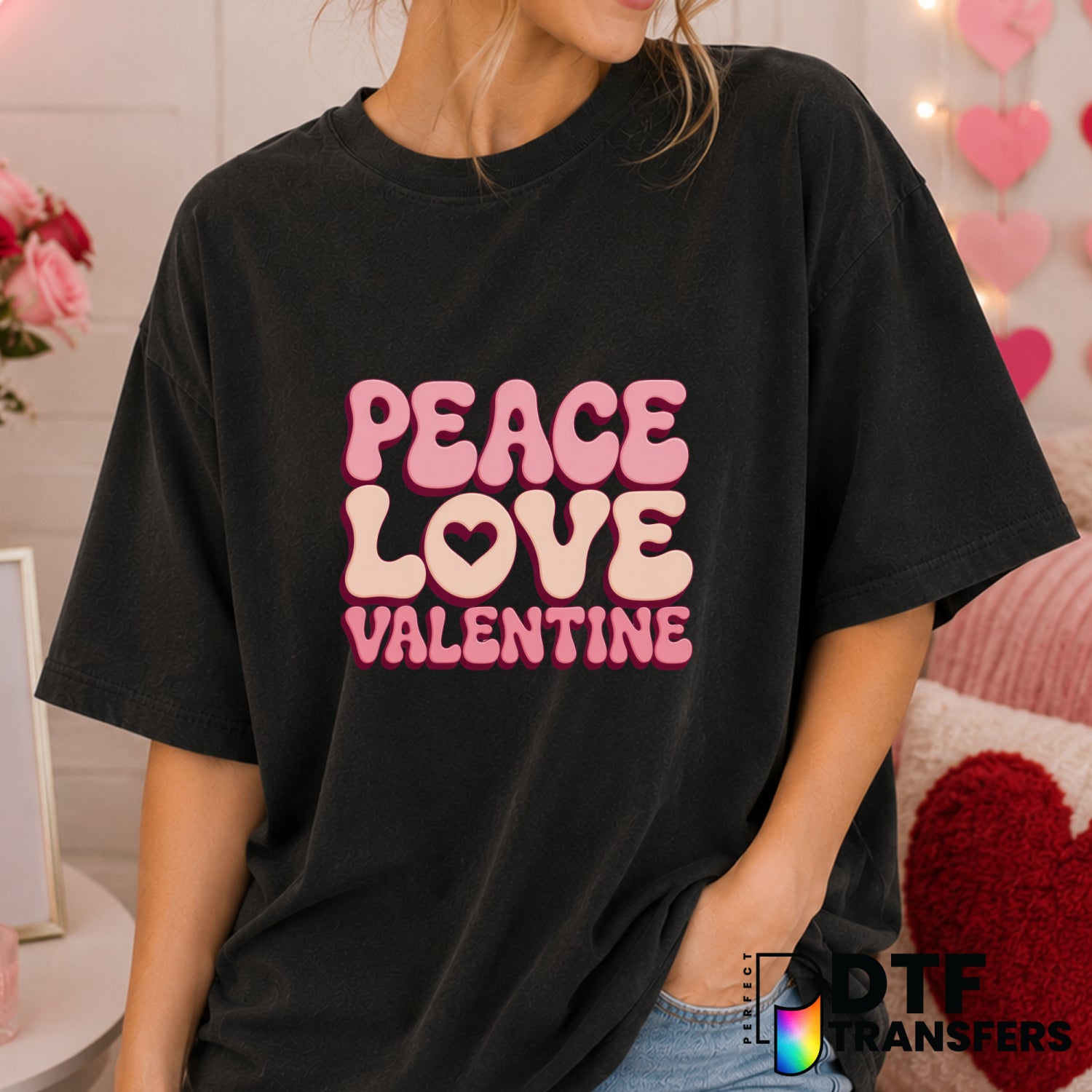 Peace Love Valentine's Day – Valentine's Day DTF Transfer (view 2 of 2) – by Perfect DTF Transfers – Premade DTF Transfers...