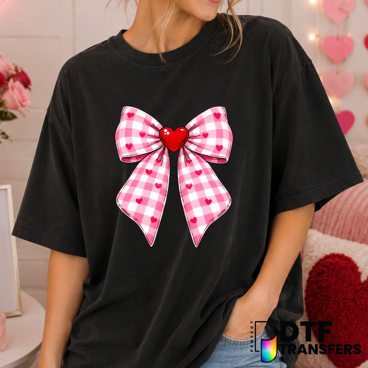 Pink Coquette Plaid Heart – Valentine's Day DTF Transfer (view 1 of 2) – by Perfect DTF Transfers – Premade DTF Transfers...