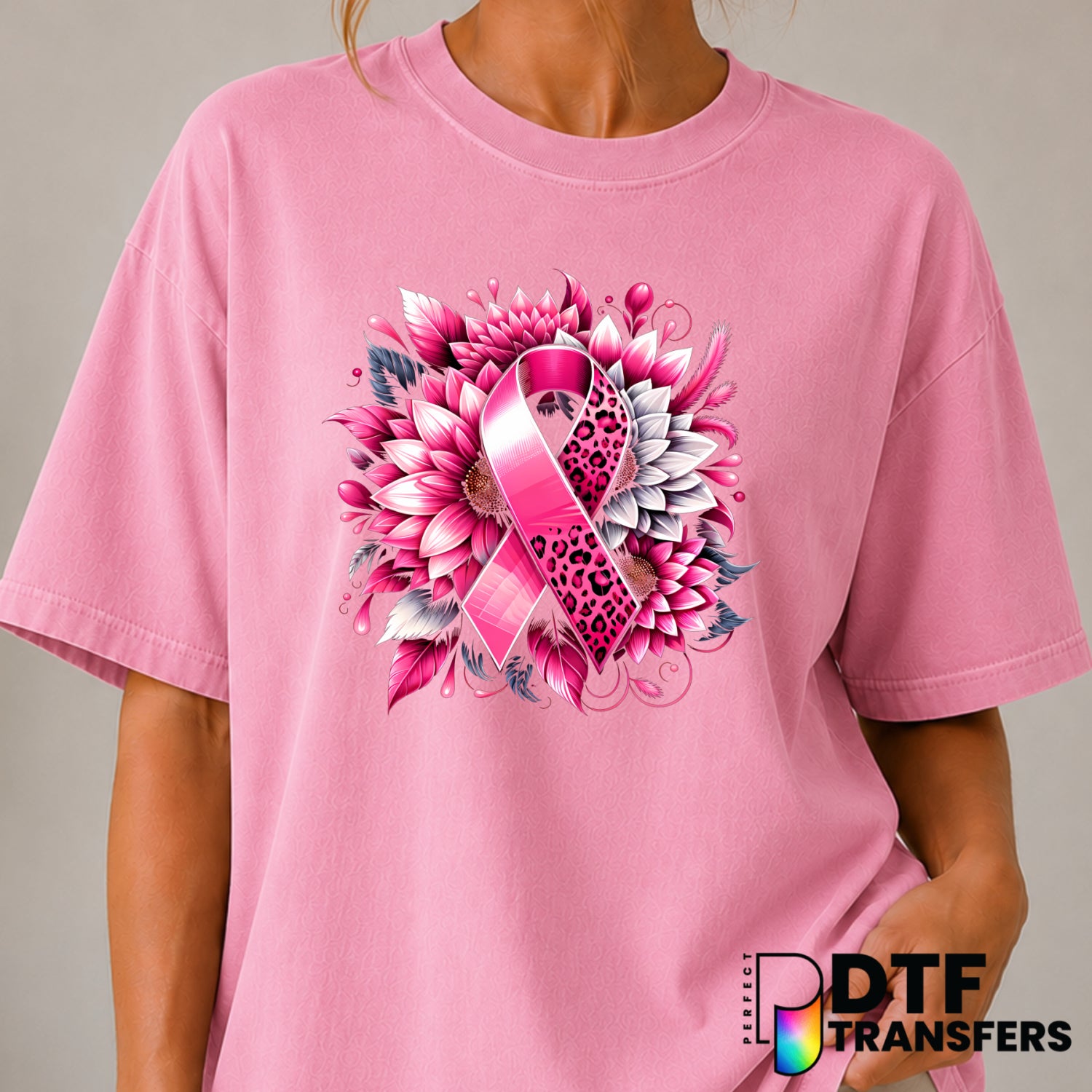 Pink Floral Leopard Awareness Ribbon – Cancer Awareness DTF Transfer (view 2 of 2) – by Perfect DTF Transfers – Premade DT...