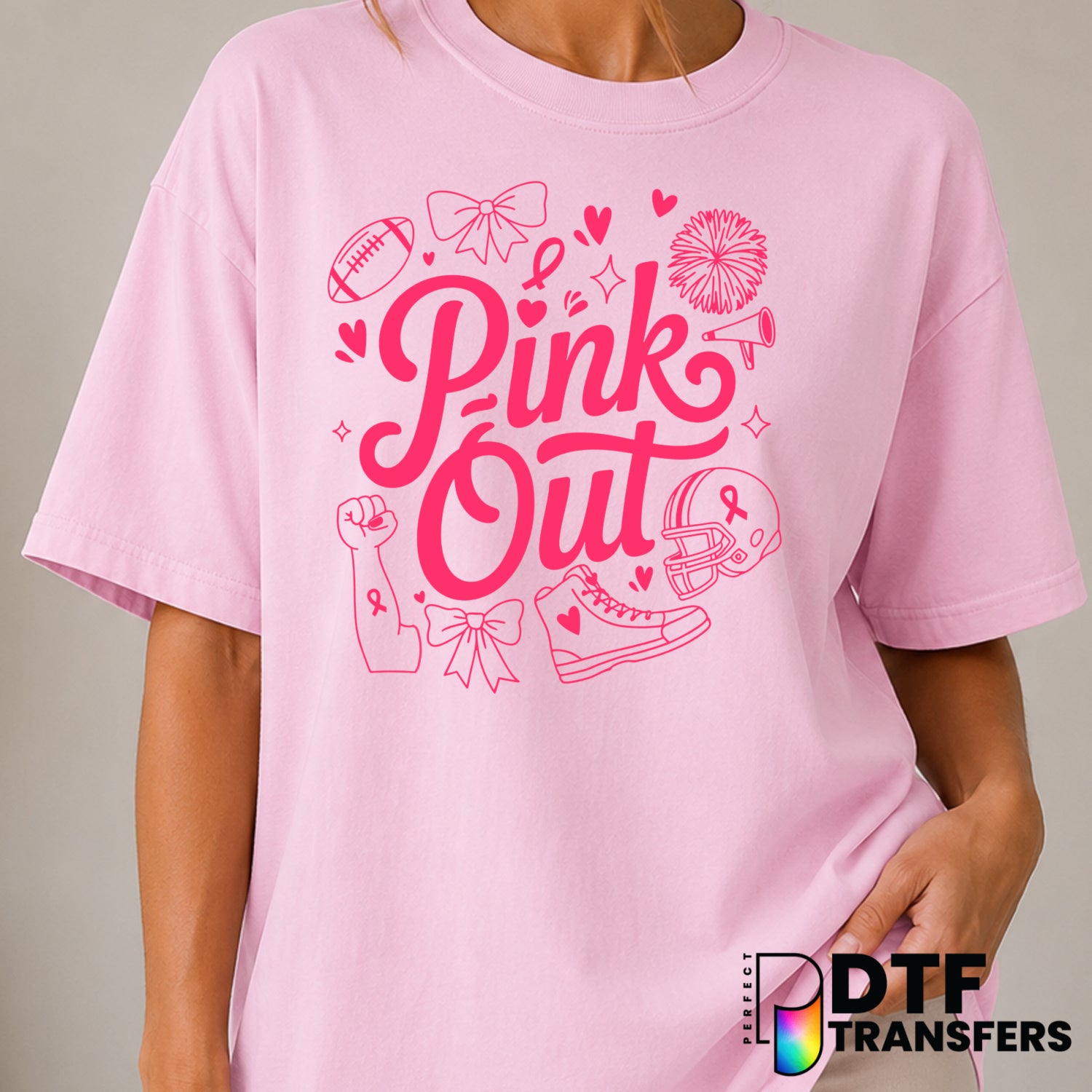 PINK OUT BREAST CANCER FOOTBALL – Cancer Awareness DTF Transfer (view 2 of 2) – by Perfect DTF Transfers – Premade DTF Tra...