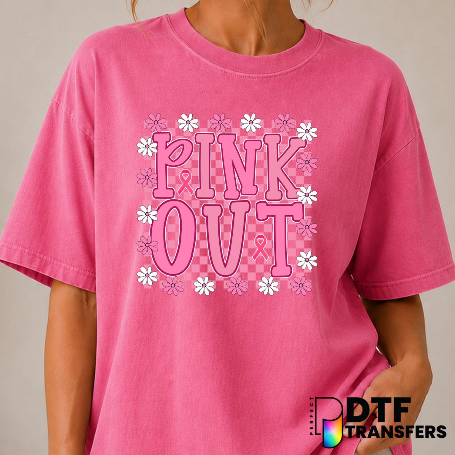 Pink Out Checkered Floral Breast Cancer Awareness – DTF Transfer (view 2 of 2) – by Perfect DTF Transfers – Premade DTF Tr...