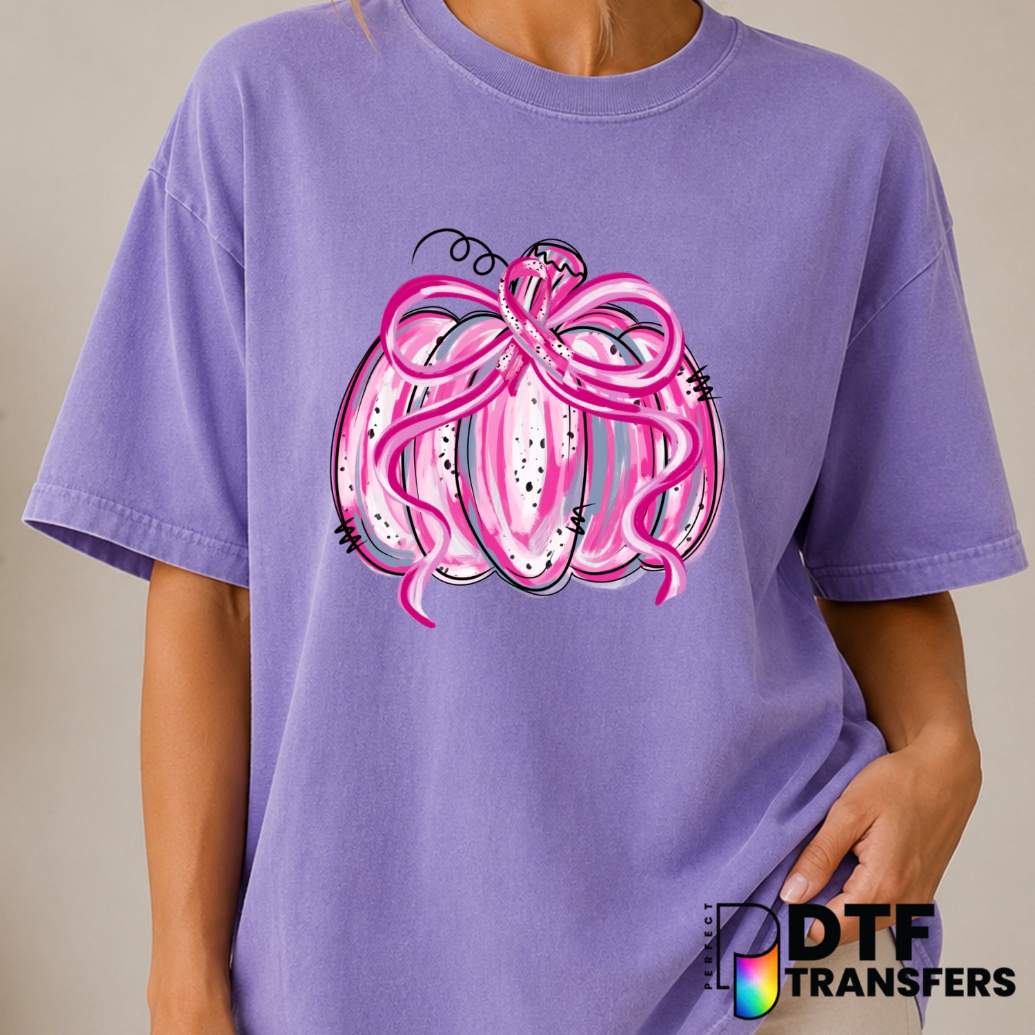 Pink Pumpkin Preppy Coquette Breast Cancer Awareness DTF Transfer (view 1 of 2) – by Perfect DTF Transfers – Premade DTF T...