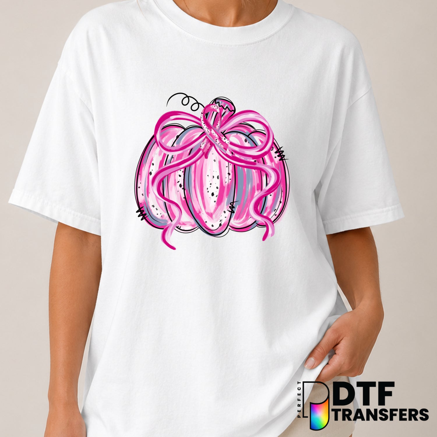 Pink Pumpkin Preppy Coquette Breast Cancer Awareness DTF Transfer (view 2 of 2) – by Perfect DTF Transfers – Premade DTF T...