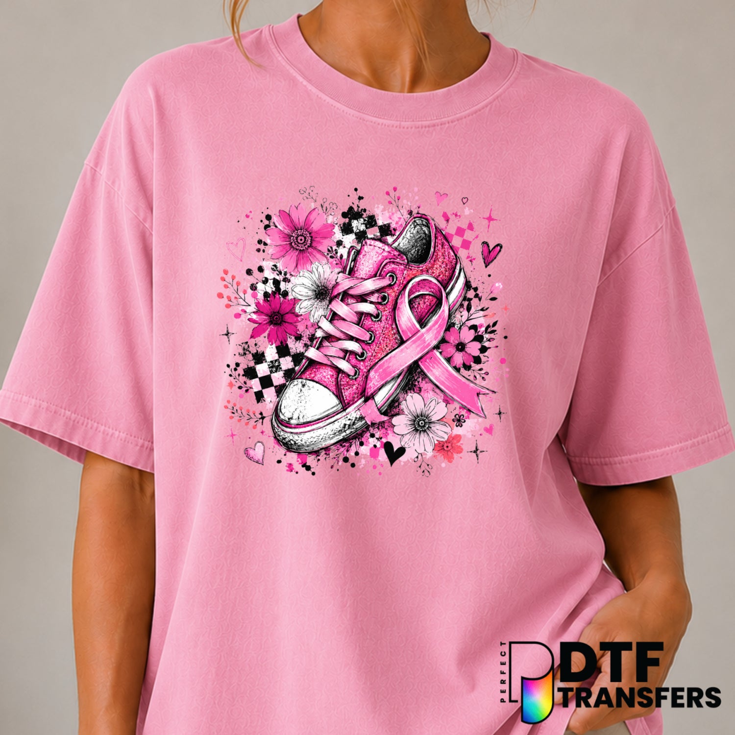 Pink Sparkle Shoe with Ribbon – Cancer Awareness DTF Transfer (view 2 of 2) – by Perfect DTF Transfers – Premade DTF Trans...