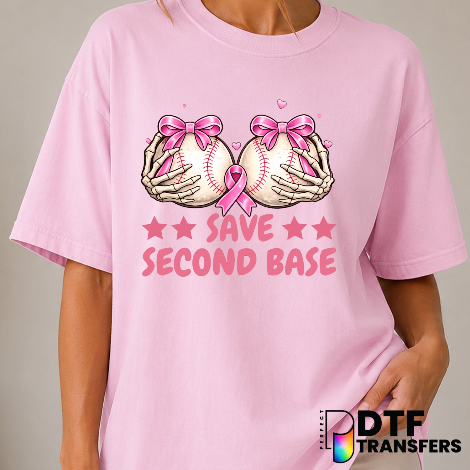 Save Second Base Breast Cancer Awareness DTF Transfer (view 2 of 2) – by Perfect DTF Transfers – Premade DTF Transfers – C...
