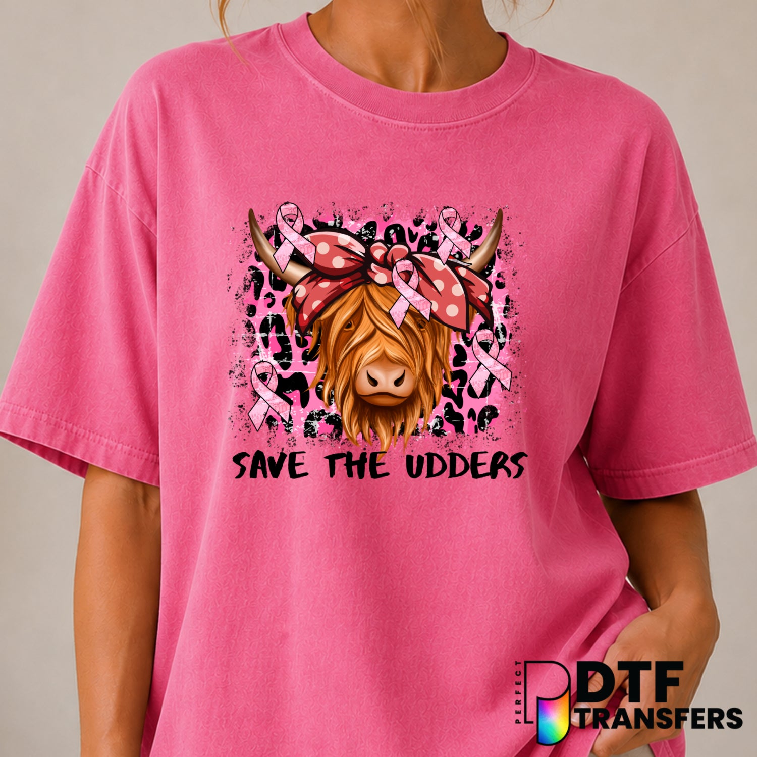 Save The Udders Highland Cow – Breast Cancer Awareness DTF Transfer (view 1 of 2) – by Perfect DTF Transfers – Premade DTF...