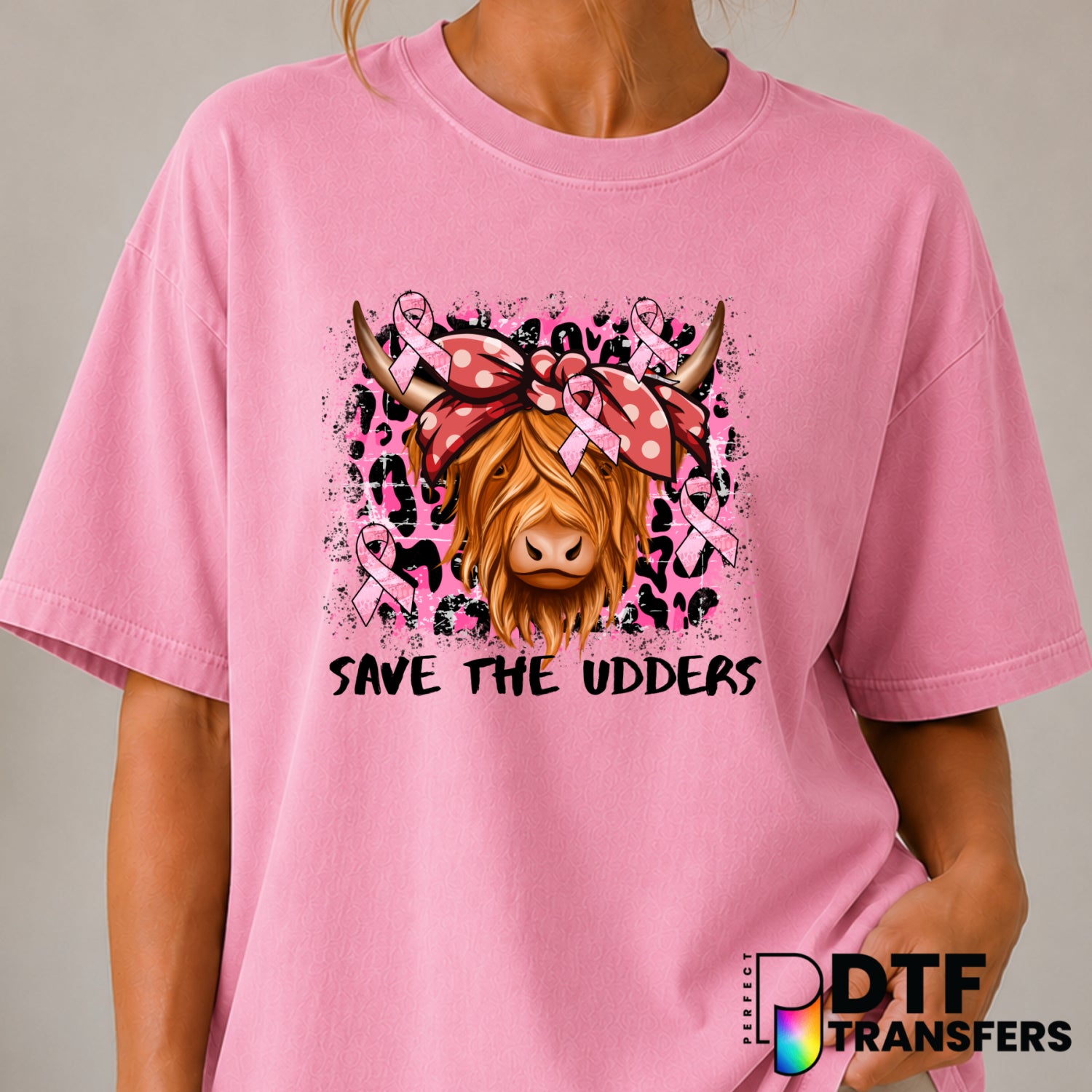 Save The Udders Highland Cow – Breast Cancer Awareness DTF Transfer (view 2 of 2) – by Perfect DTF Transfers – Premade DTF...