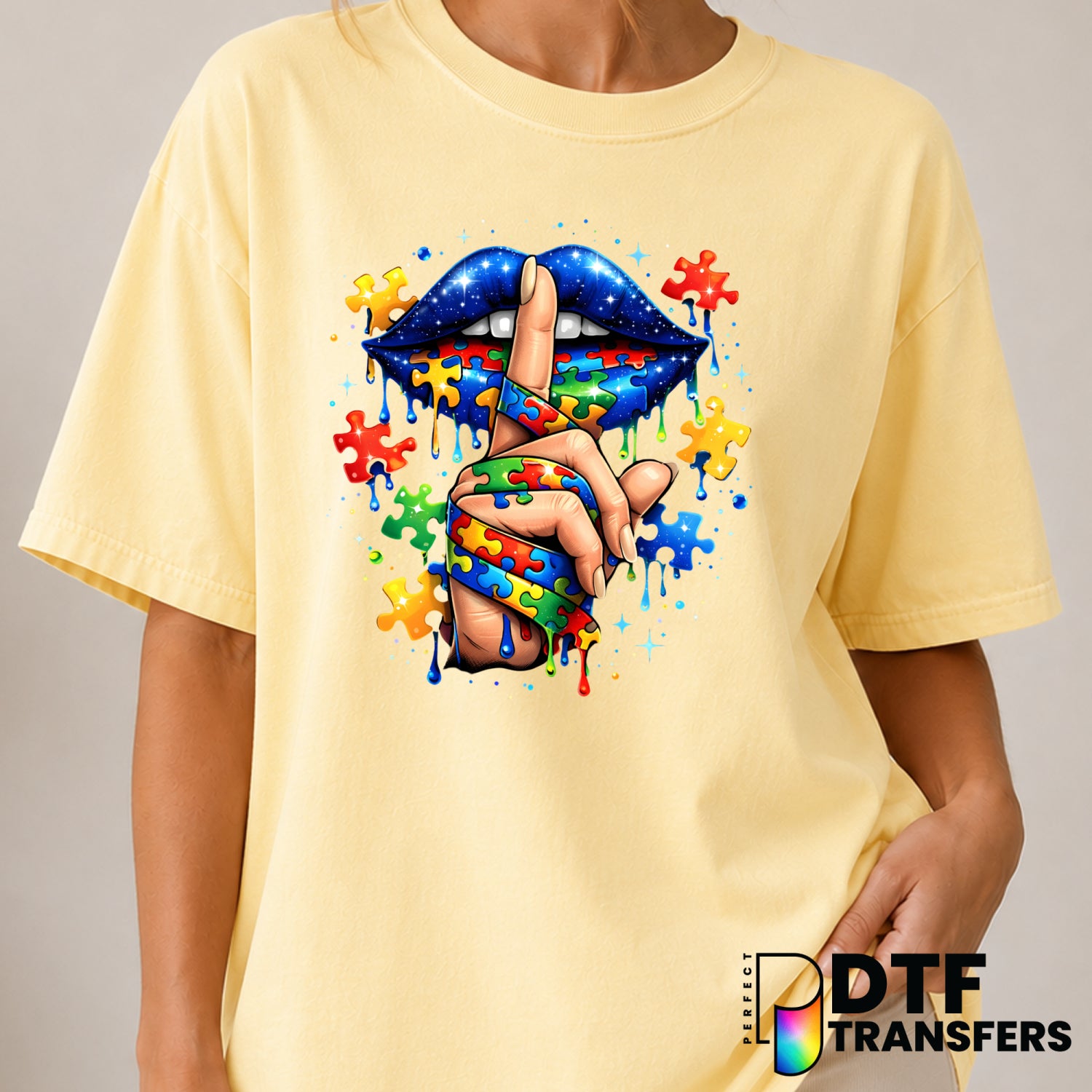 Sparkle Puzzle Lips – Autism Awareness DTF Transfer (view 1 of 2) – by Perfect DTF Transfers – Premade DTF Transfers – Aut...