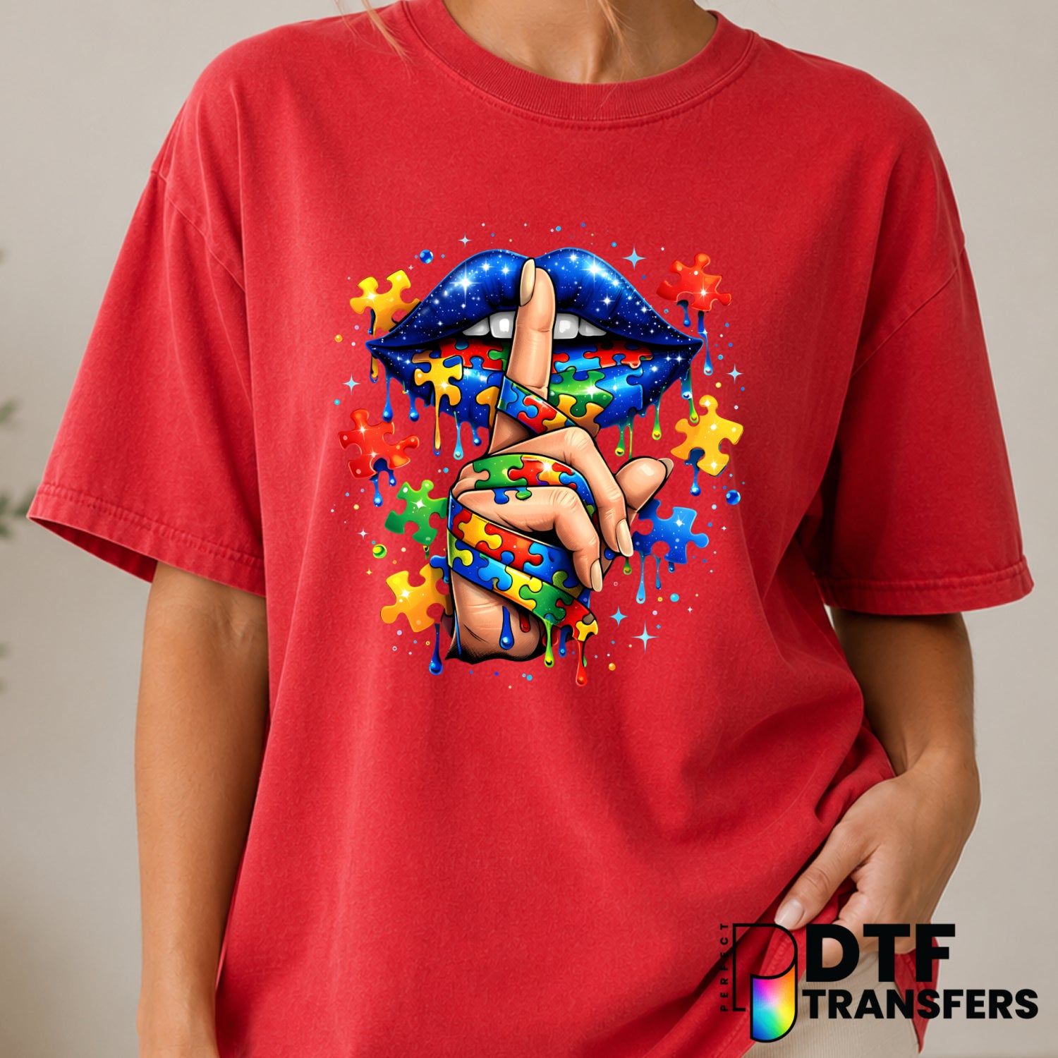 Sparkle Puzzle Lips – Autism Awareness DTF Transfer (view 2 of 2) – by Perfect DTF Transfers – Premade DTF Transfers – Aut...